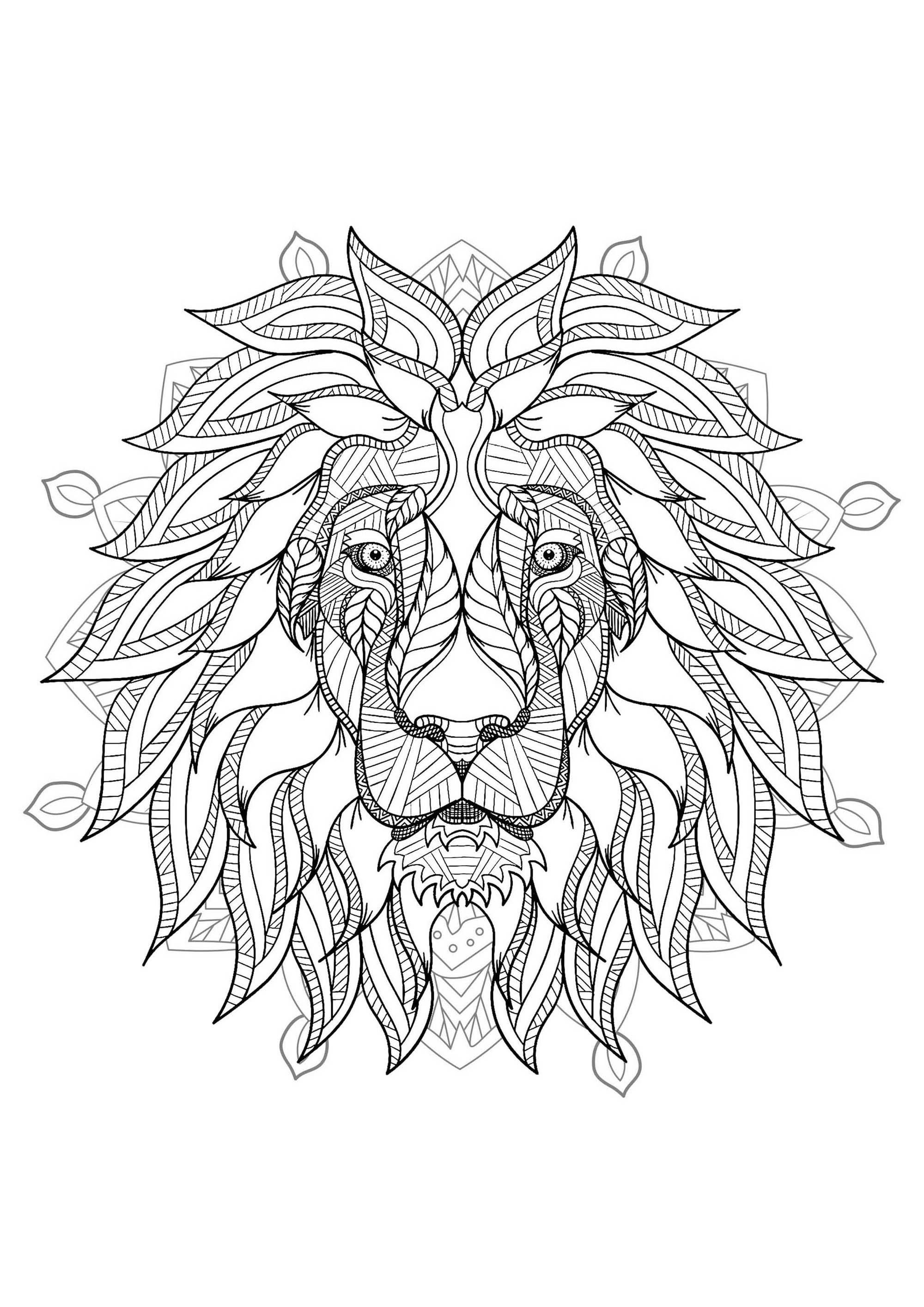 Uma Mandala com o rei dos animais: o leão, para os que preferem colorir coisas concretas e vivas.