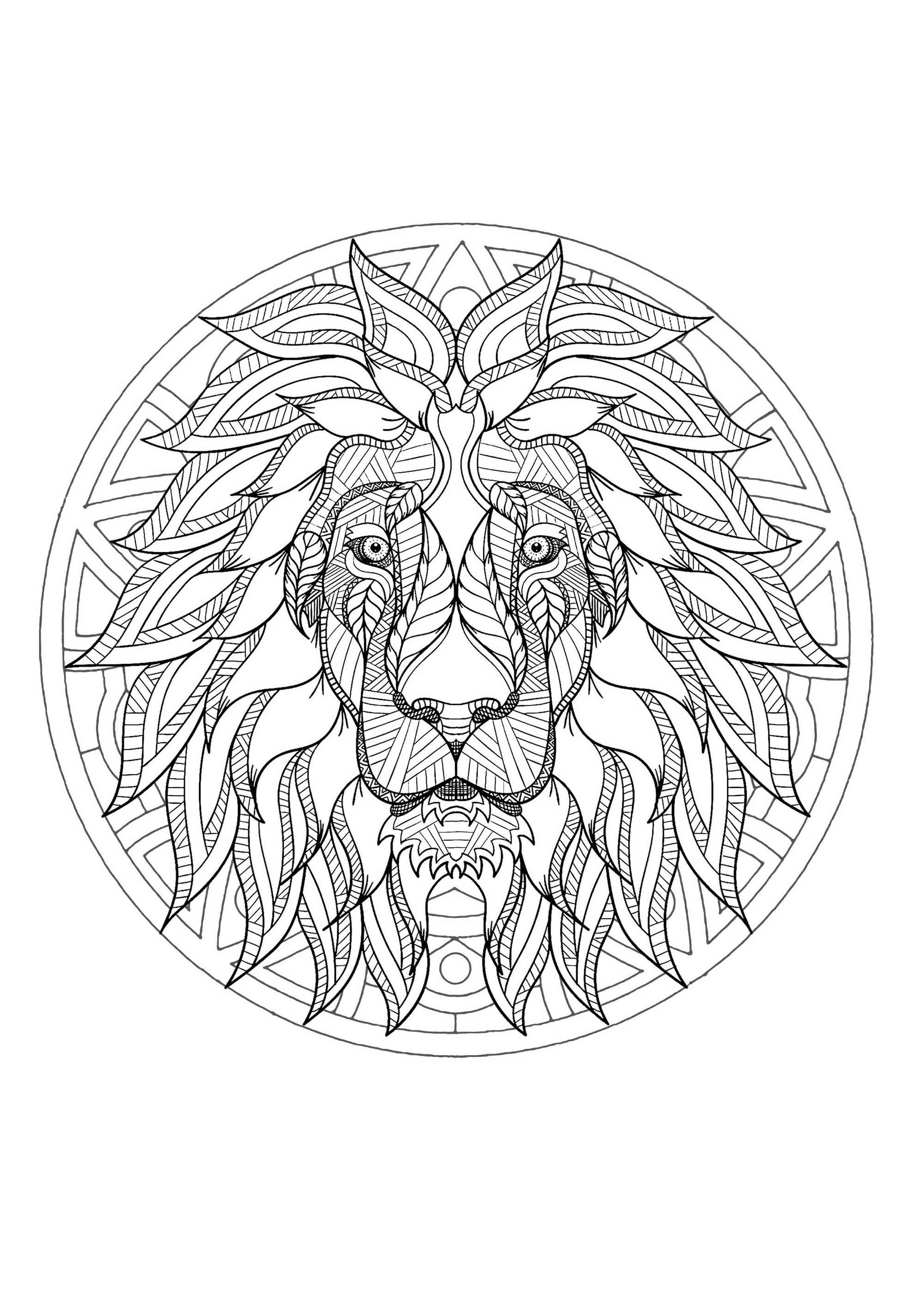 Uma magnífica página para colorir de Mandala com cabeça de leão, de grande qualidade e originalidade. Cabe-lhe a si escolher as cores mais adequadas.