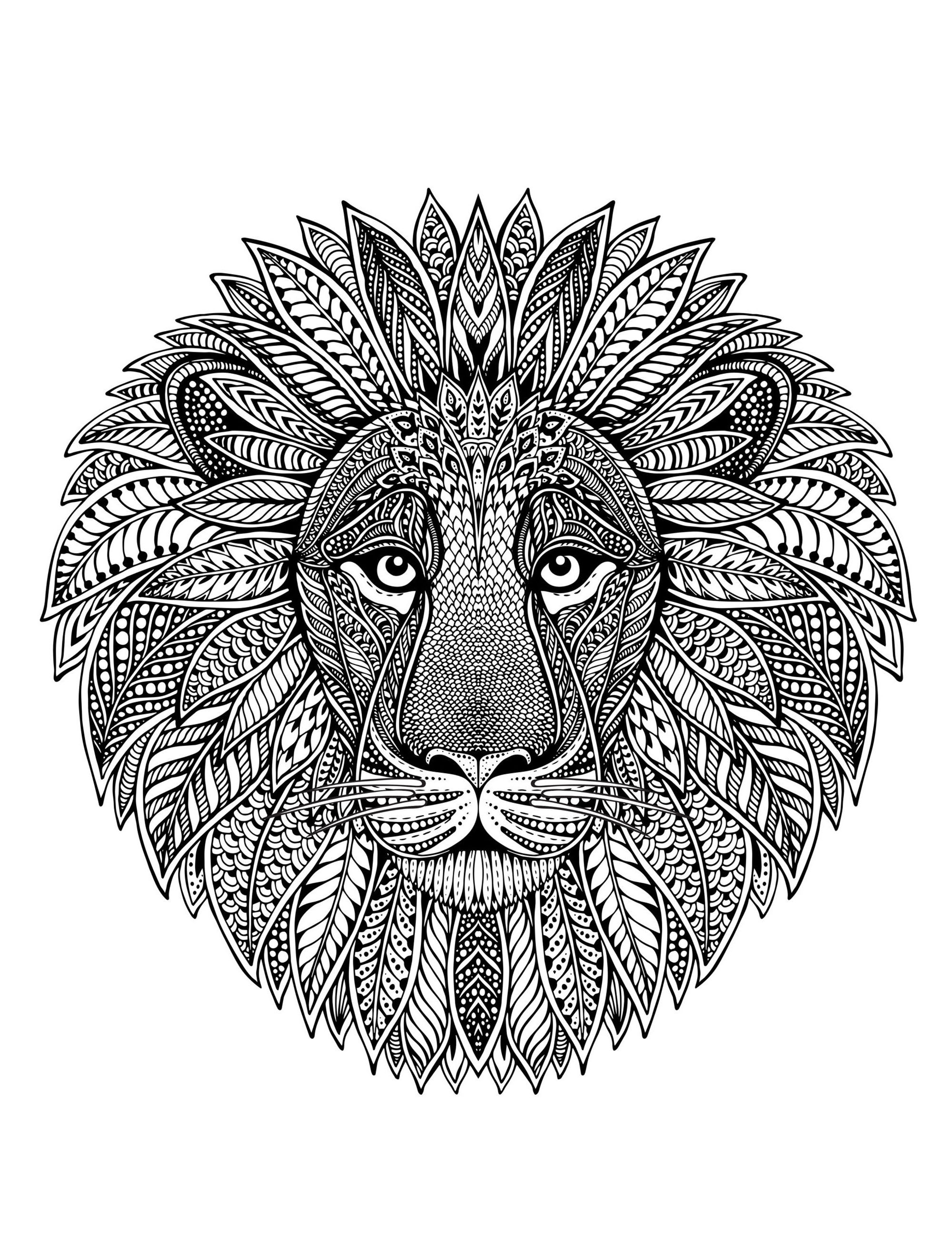 Uma Mandala com cabeça de leão, para os que preferem colorir elementos concretos e vivos.