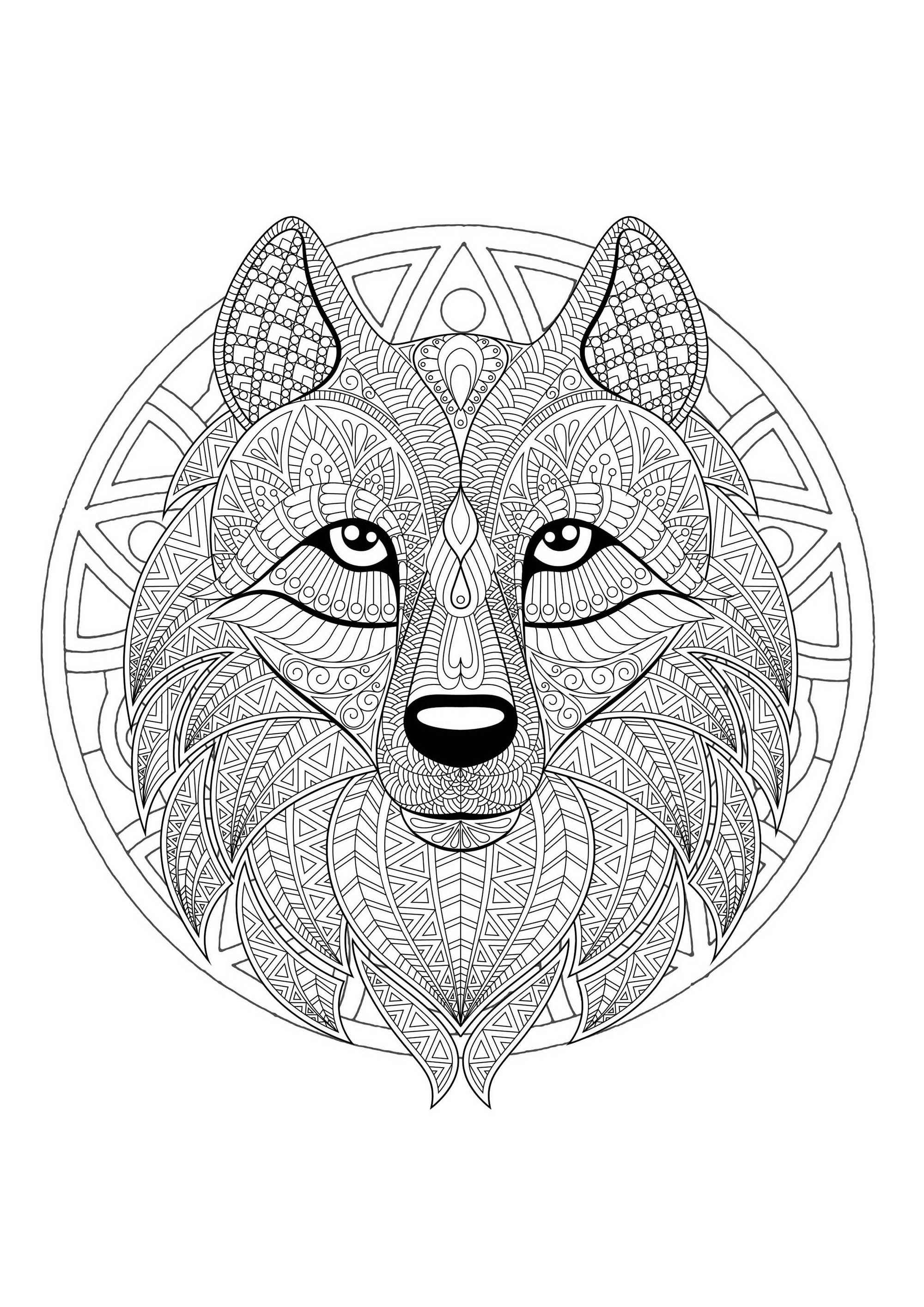Uma mandala com um bonito lobo, para os que preferem colorir coisas concretas e vivas.
