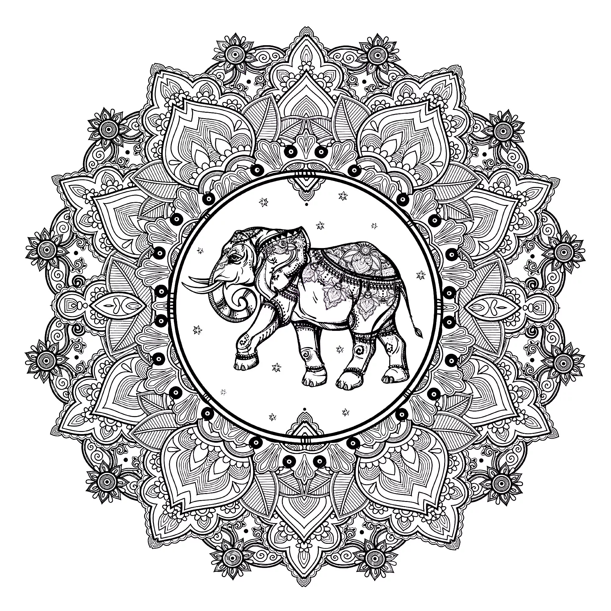 Mandala complexa de elefante (Mandalas temáticas : Animais)