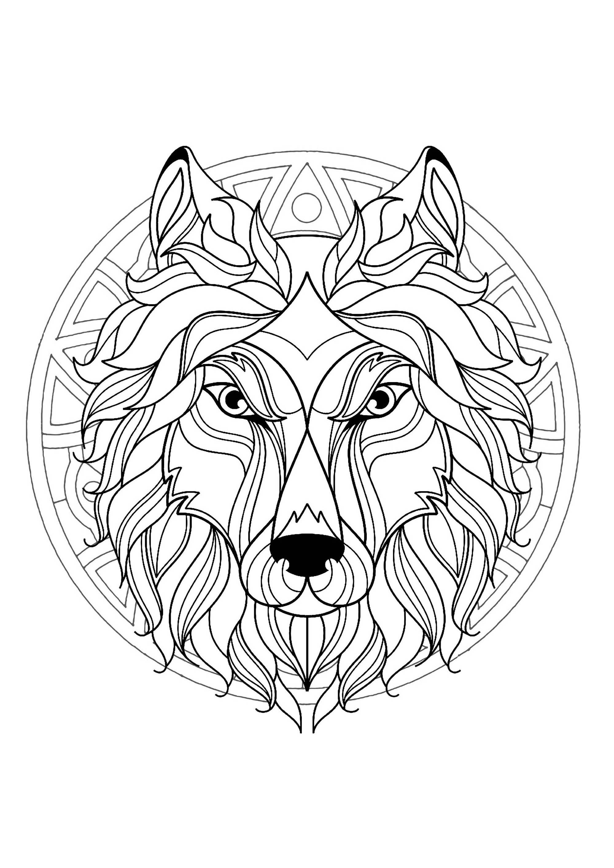 Uma magnífica página para colorir de Mandala com cabeça de lobo, de grande qualidade e originalidade. Cabe-lhe a si escolher as cores mais adequadas.