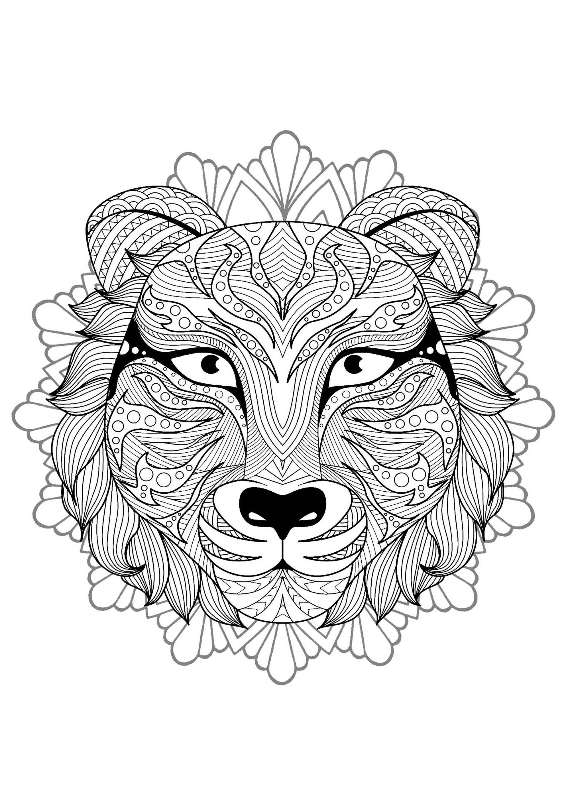 Este magnífico tigre e os seus motivos estão à espera de serem coloridos nesta bonita e muito original Mandala.