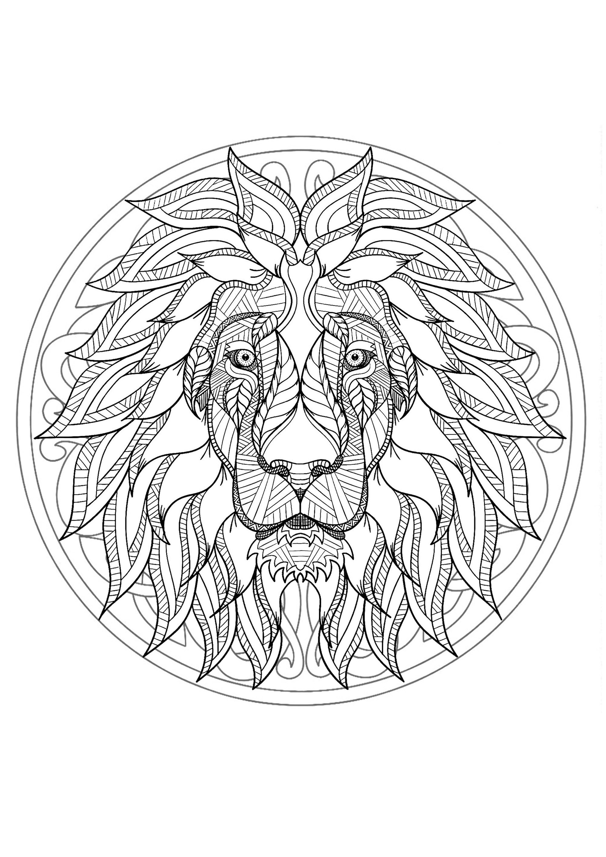 Mandala de cabeça de leão - 1 (Mandalas de Nível de Dificuldade : Difícil)