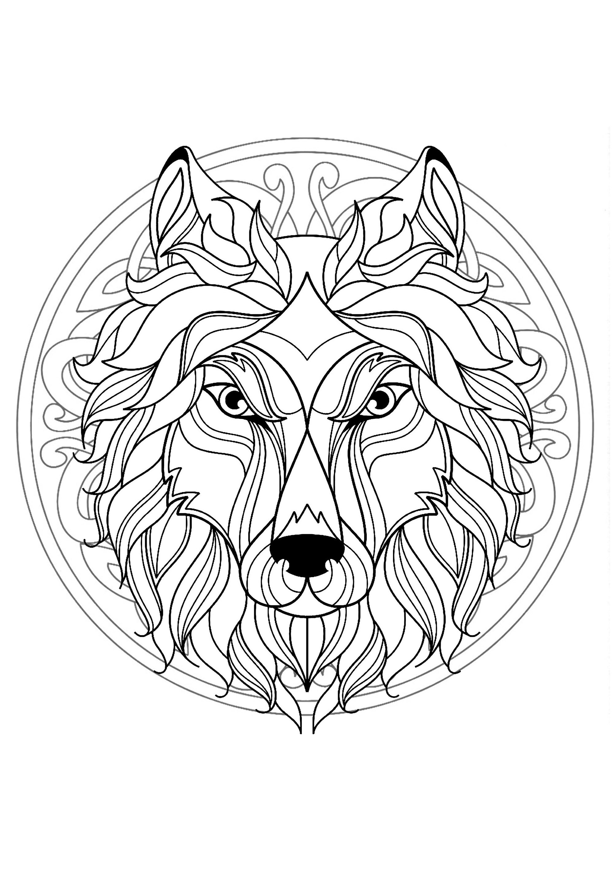 Mandala e cabeça de lobo. Prepare os seus marcadores e lápis para colorir esta Mandala cheia de pequenos pormenores e áreas interligadas.