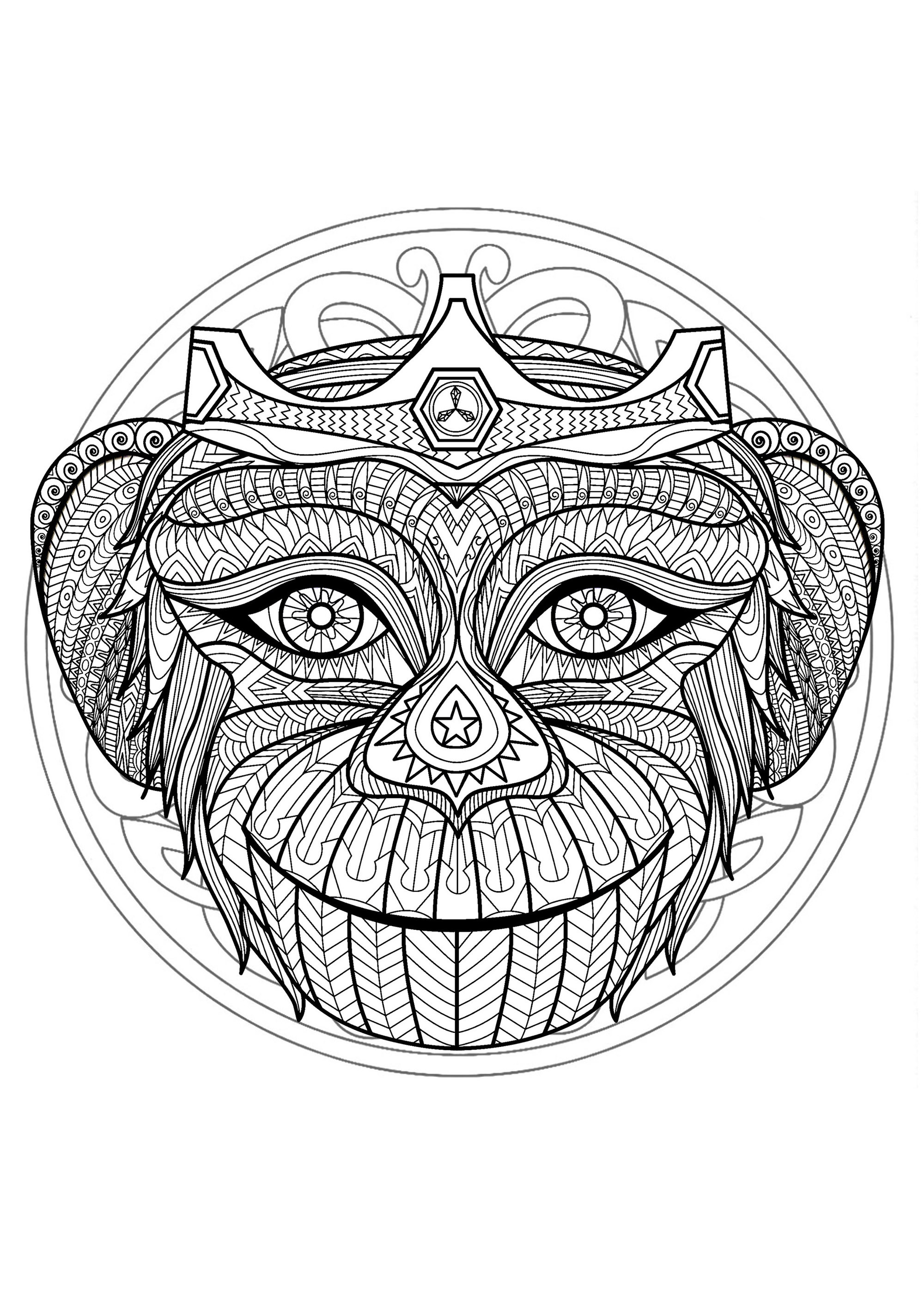 Mandala e cabeça de macaco. Se está pronto para passar uns longos minutos de relaxamento, prepare-se para colorir esta Mandala bastante complexa ... Se quiseres, podes utilizar muitas cores.