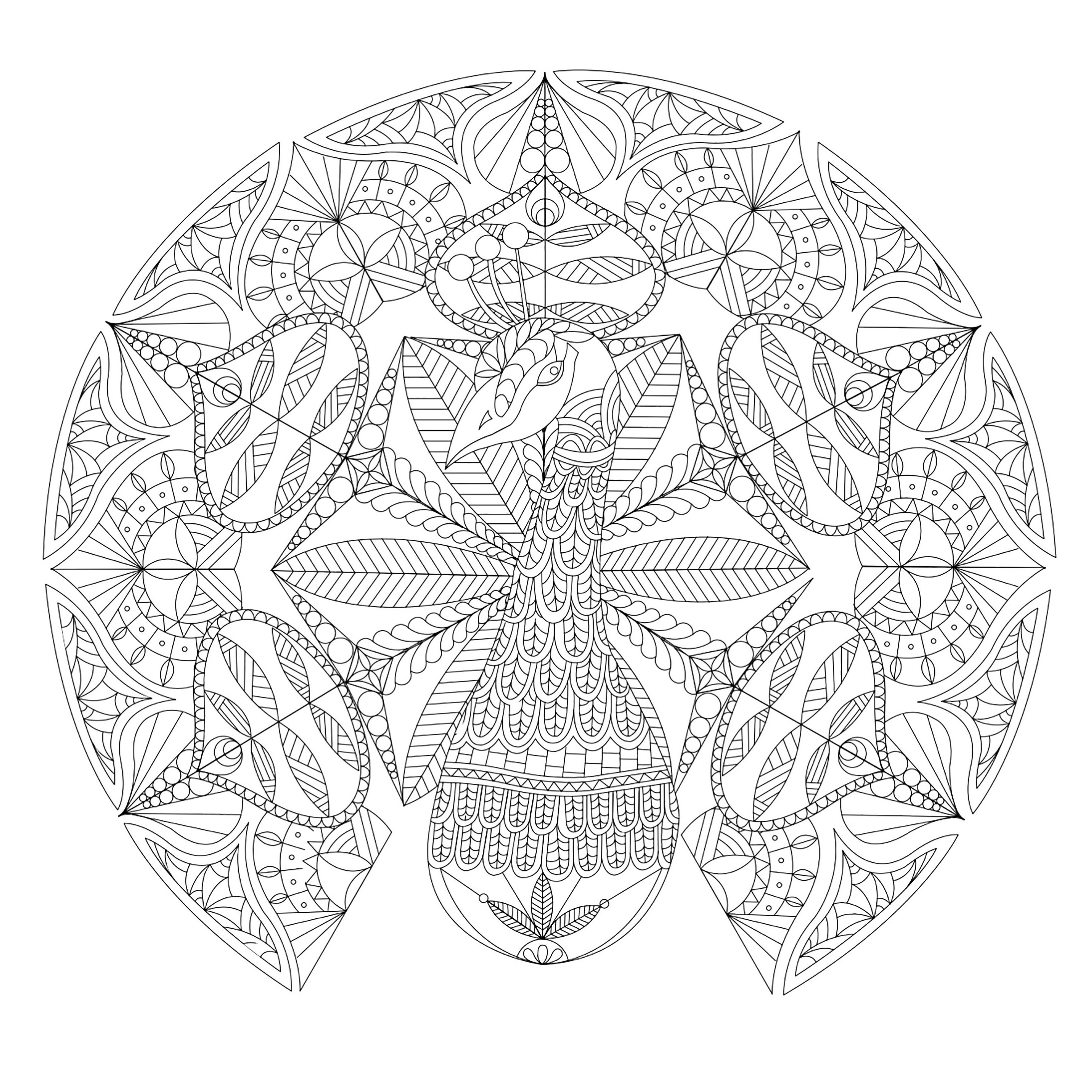Mandala difícil com um pavão (Mandalas de Nível de Dificuldade : Difícil)