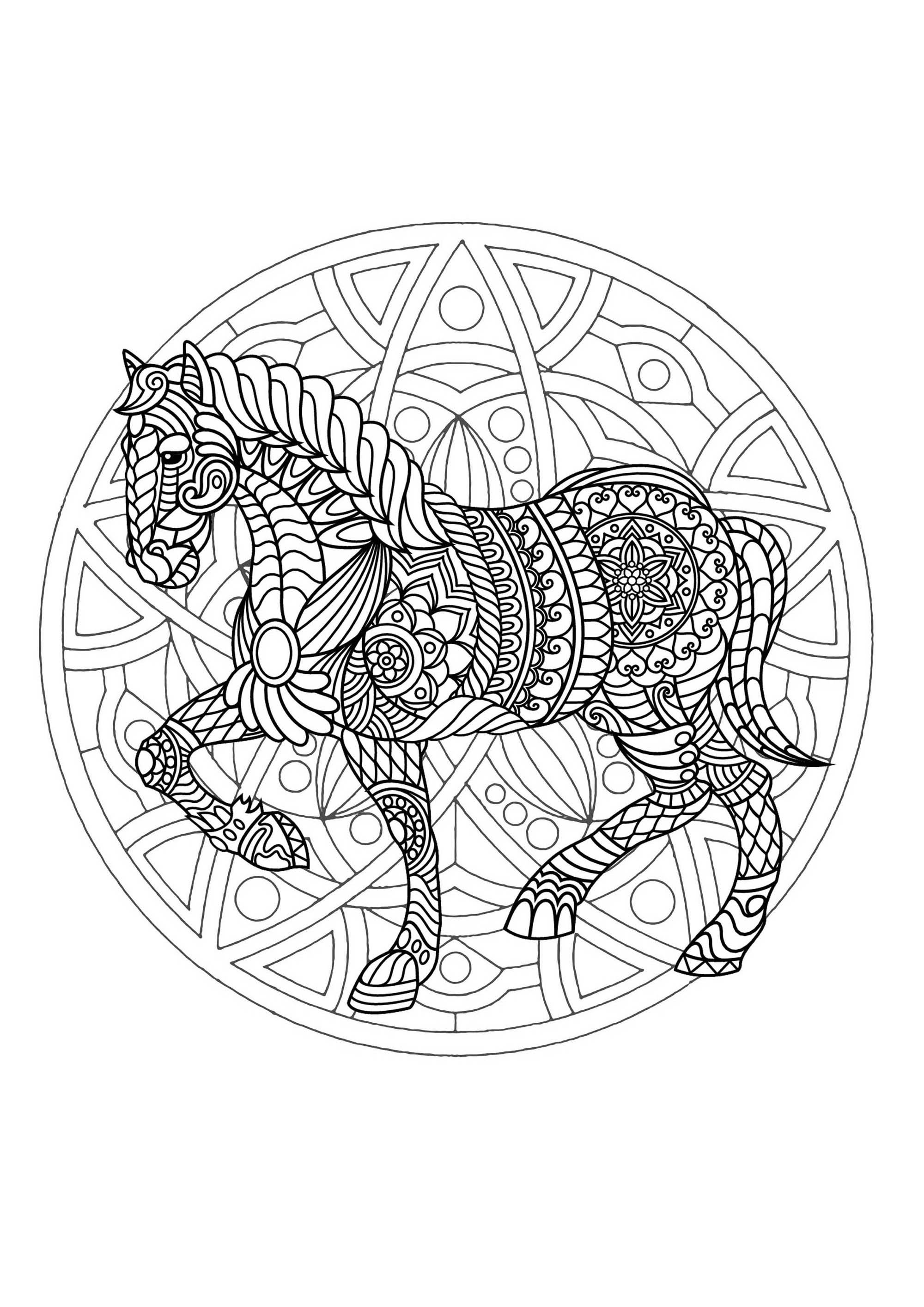 Cavalo e Mandala. Uma Mandala bastante difícil de colorir, perfeita para quem gosta de colorir em pequenas áreas e gosta de pormenores variados.