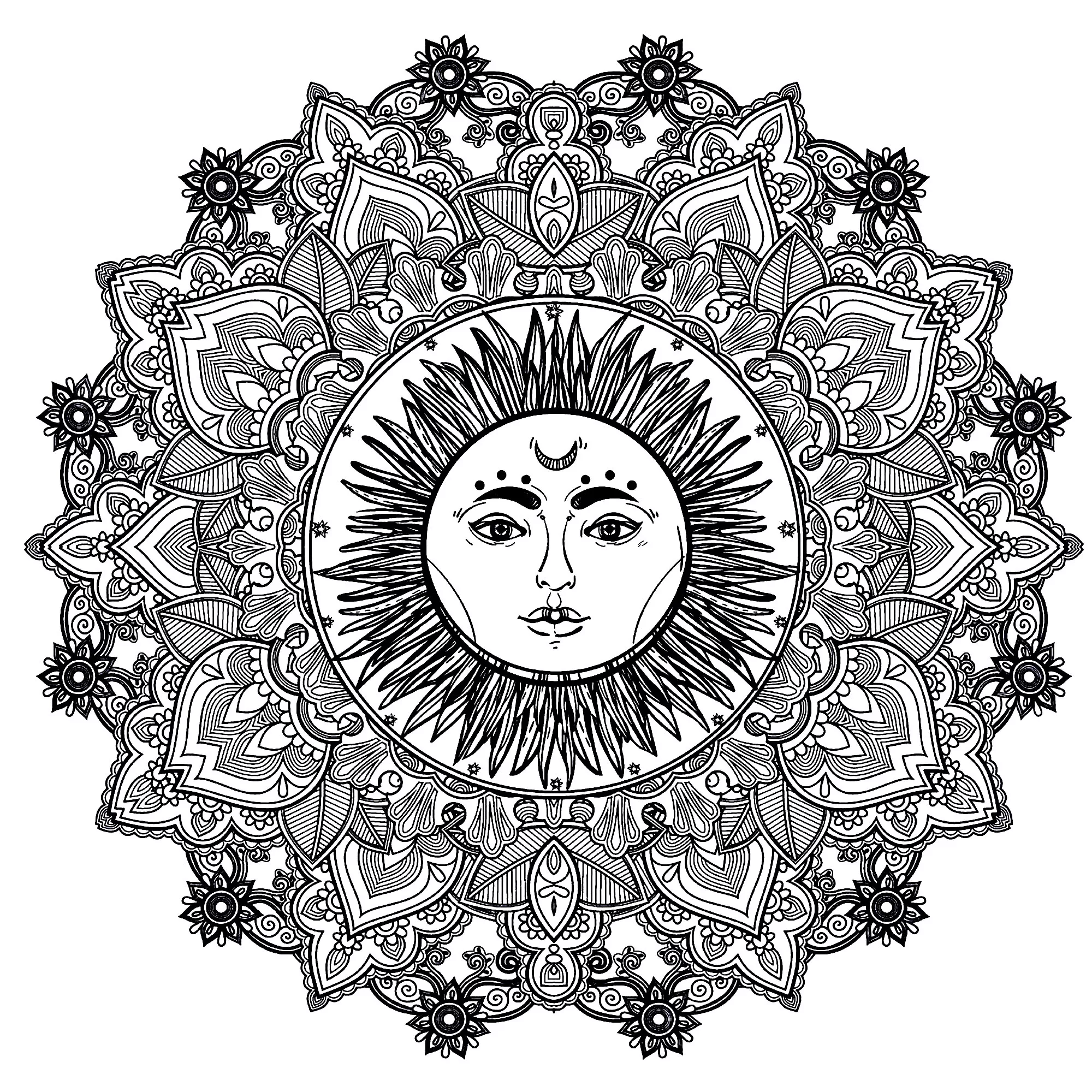 Mandala solar no centro (Mandalas de Nível de Dificuldade : Difícil)