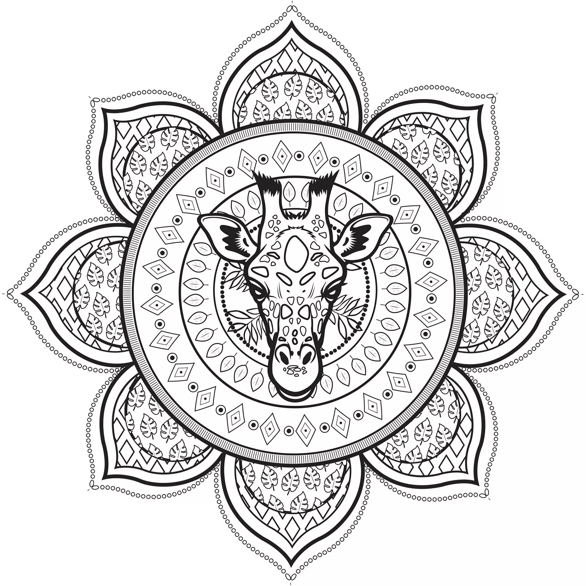 Mandala complexa com cabeça de girafa (Mandalas de Nível de Dificuldade : Difícil)