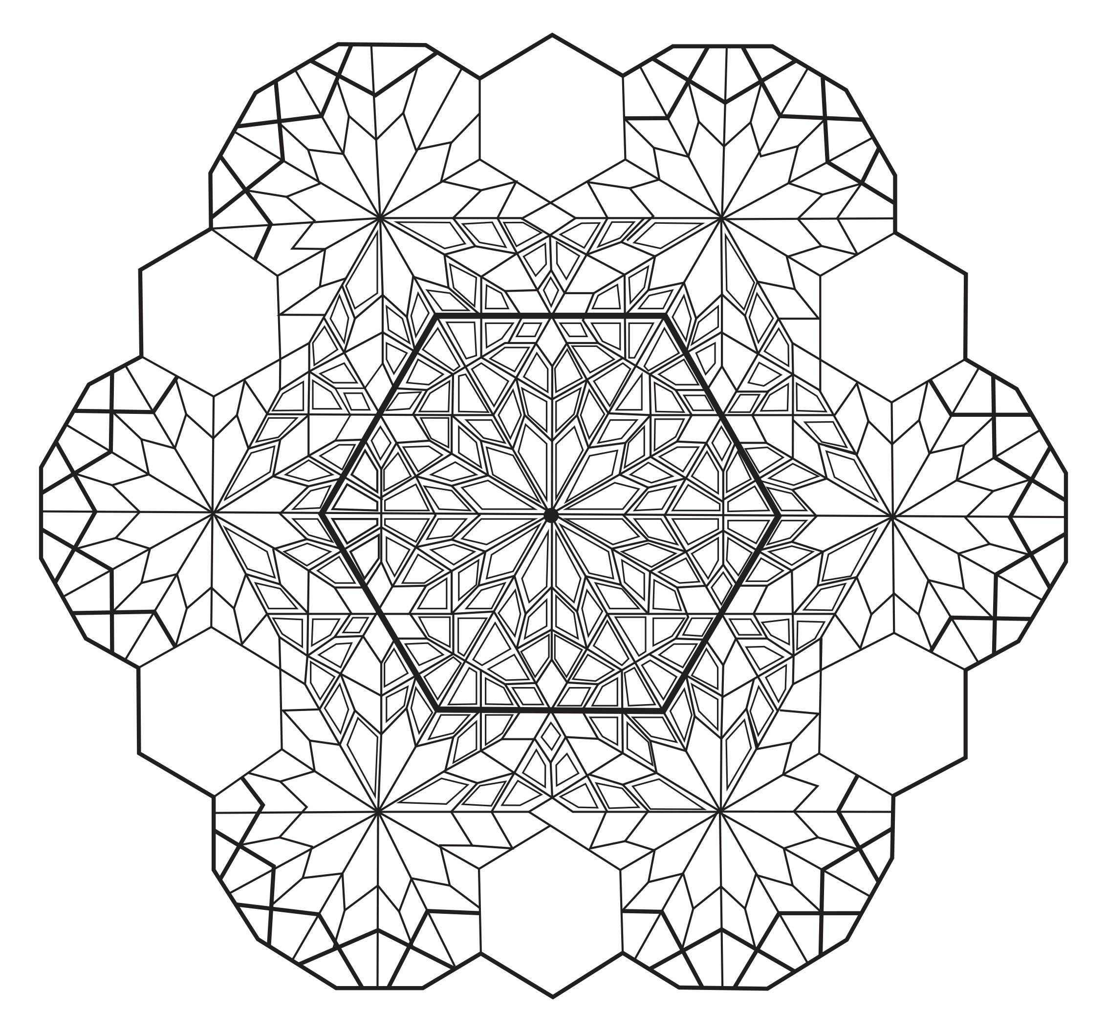 Uma Mandala 'hexagonal' bastante difícil de colorir, ideal para quem gosta de colorir em pequenas áreas e gosta de pormenores variados.