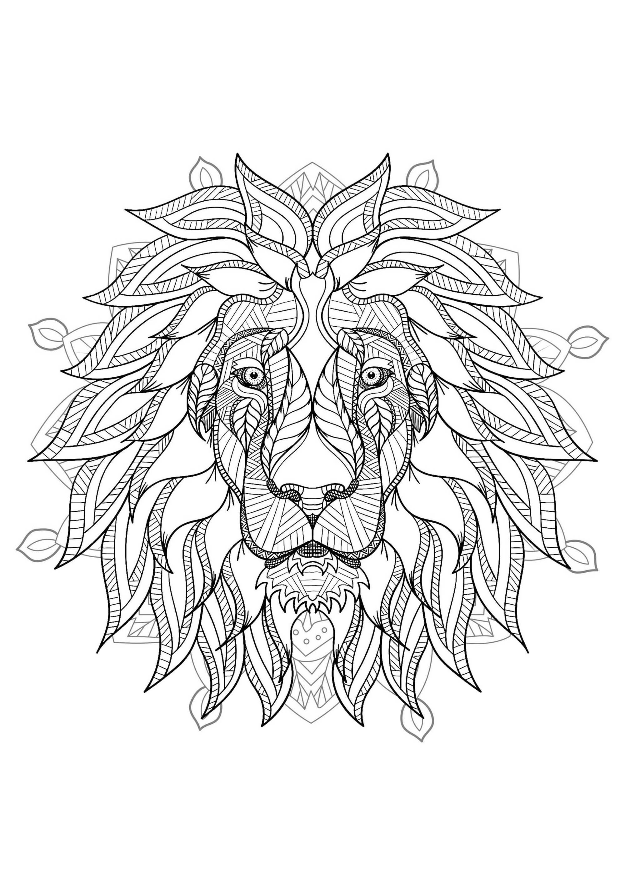 Mandala e cabeça de leão. Muitos pequenos pormenores e áreas bastante reduzidas, para uma Mandala muito original e harmoniosa. Mandala e cabeça de leão. Muitos pequenos pormenores e áreas bastante reduzidas, para uma Mandala muito original e harmoniosa.