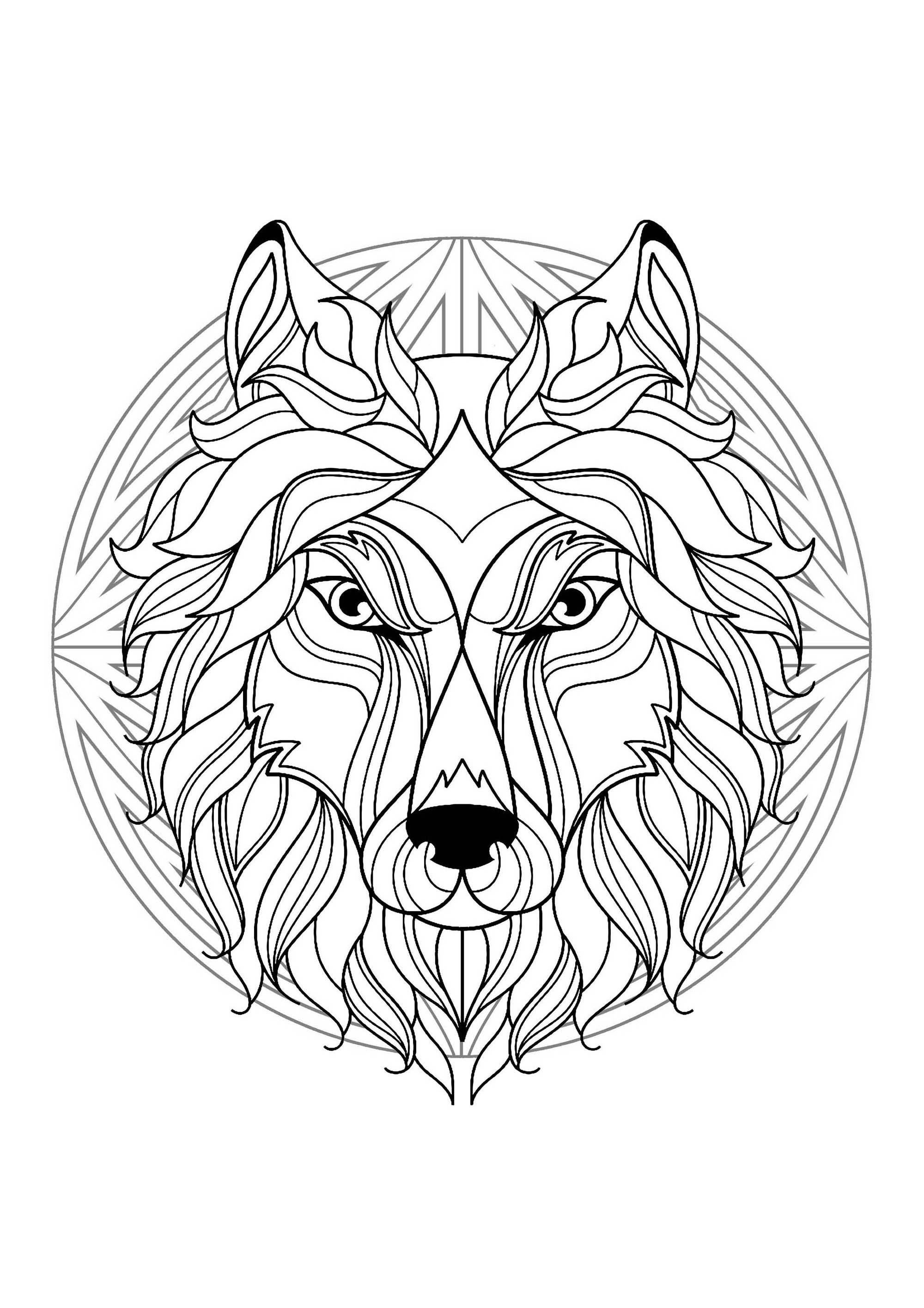 Mandala e cabeça de lobo. Se está pronto para passar uns longos minutos de relaxamento, prepare-se para colorir esta Mandala bastante complexa ... Se quiser, pode utilizar muitas cores.