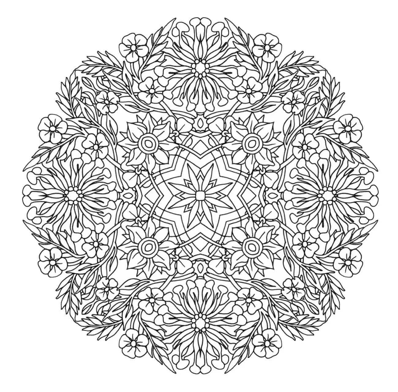 Mandala-para-colorir-em-flores-de-pétalas-grandes (Mandalas de Nível de Dificuldade : Difícil)
