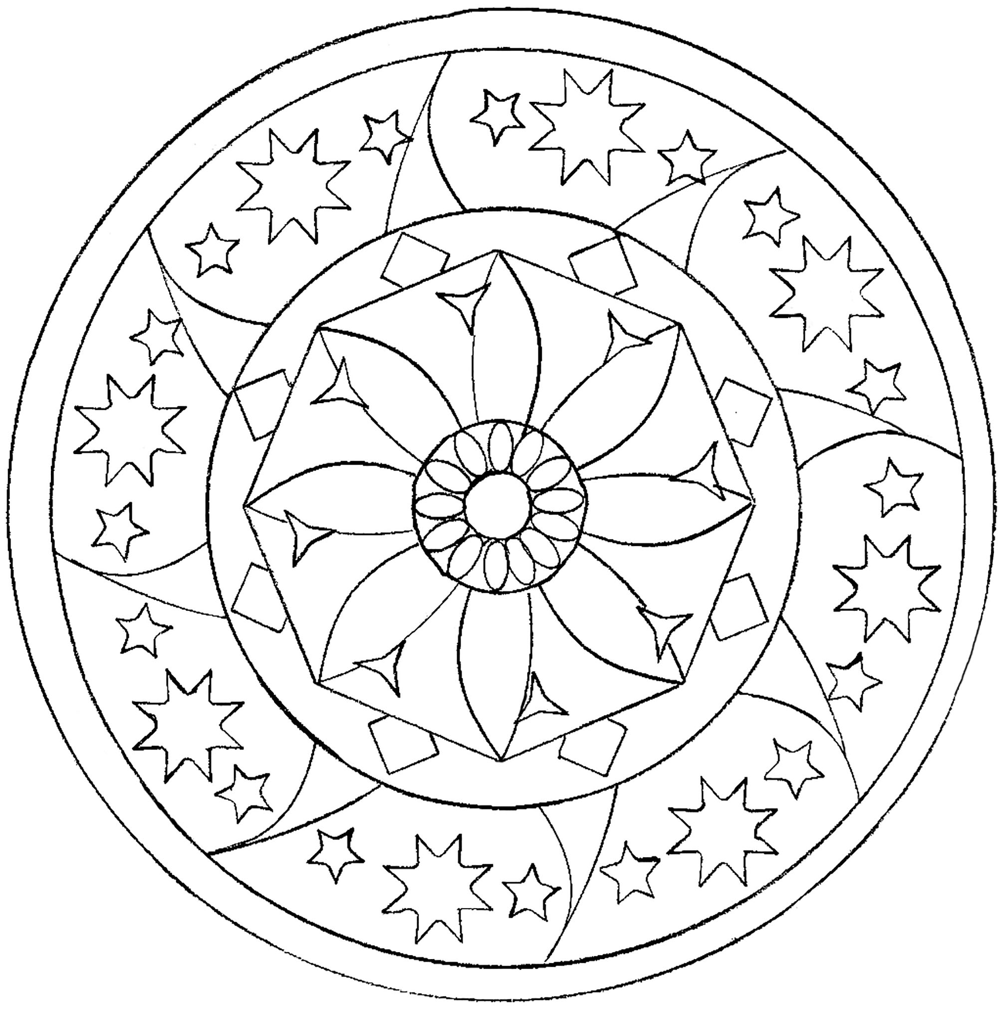 Há poucos pormenores para colorir nesta Mandala simples, que agradará a crianças e adultos que procuram simplicidade.