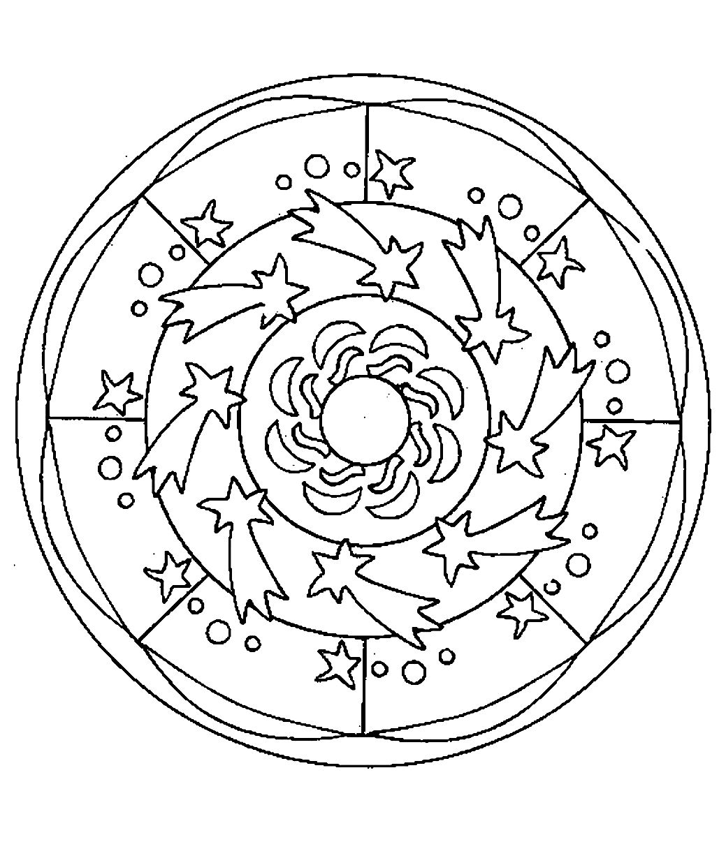 Mandala para colorir ao estilo 'espacial' com belas estrelas espalhadas pelo círculo. Fácil de colorir.