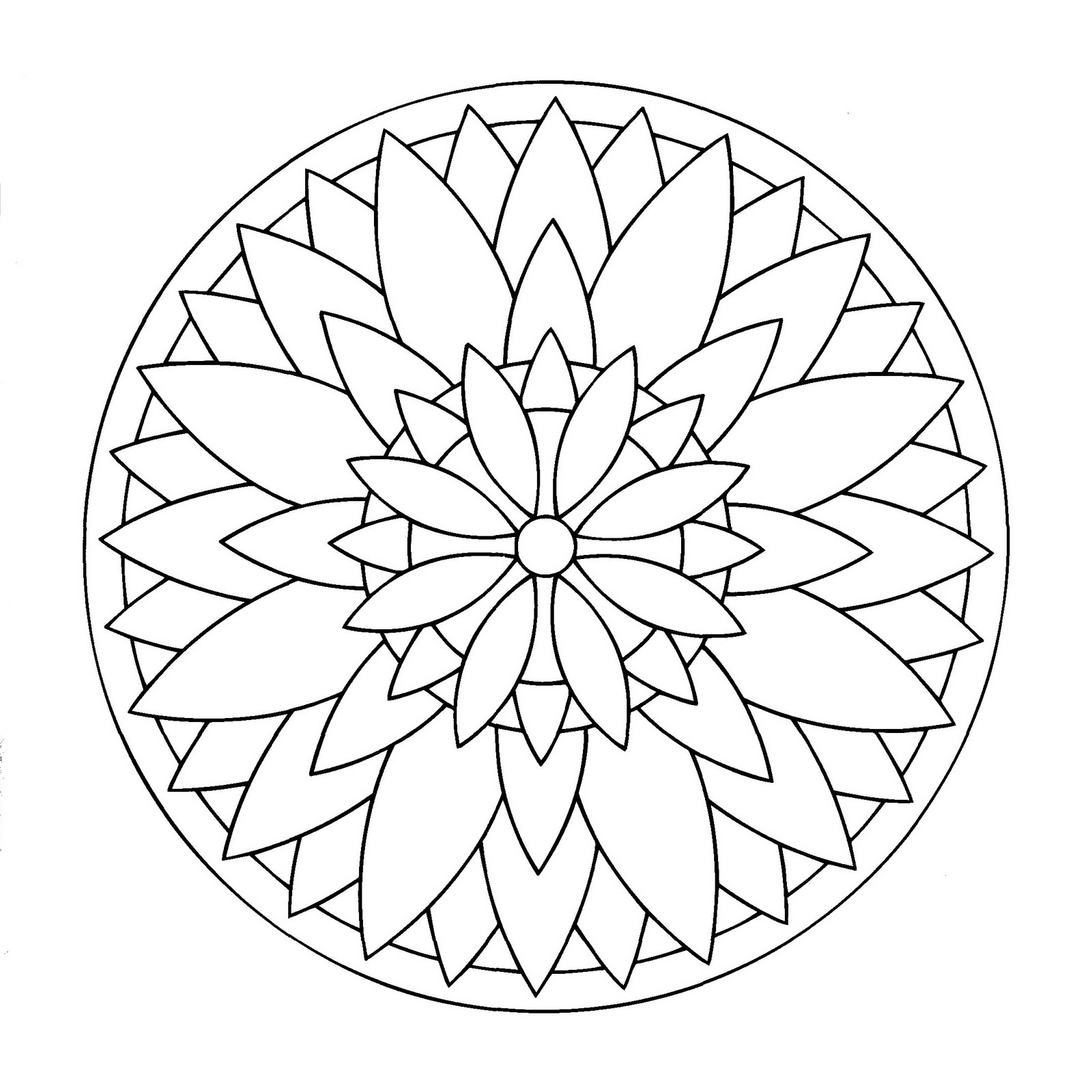 Desenho de mandala com espirais que representam uma grande flor. Fácil de colorir.