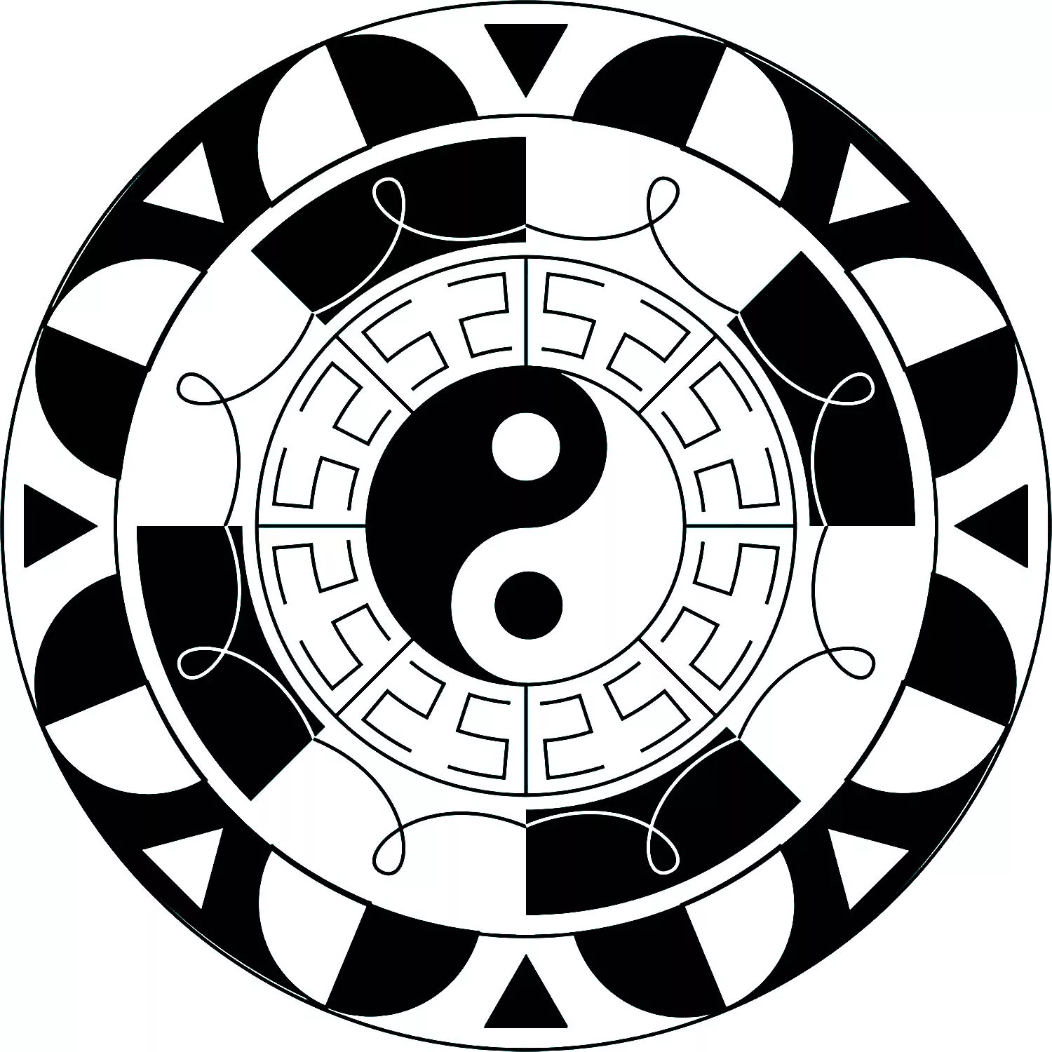 O símbolo Yin & Yang numa Mandala simples (Mandalas de Nível de Dificuldade : Fácil (para crianças))