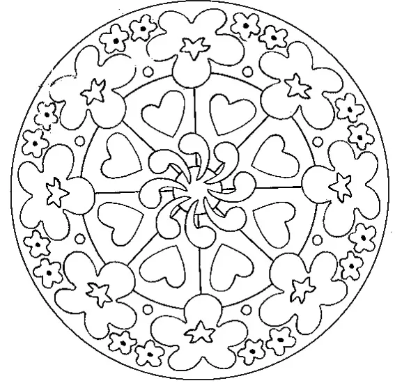 Mandala de flores e corações (Mandalas de Nível de Dificuldade : Fácil (para crianças))