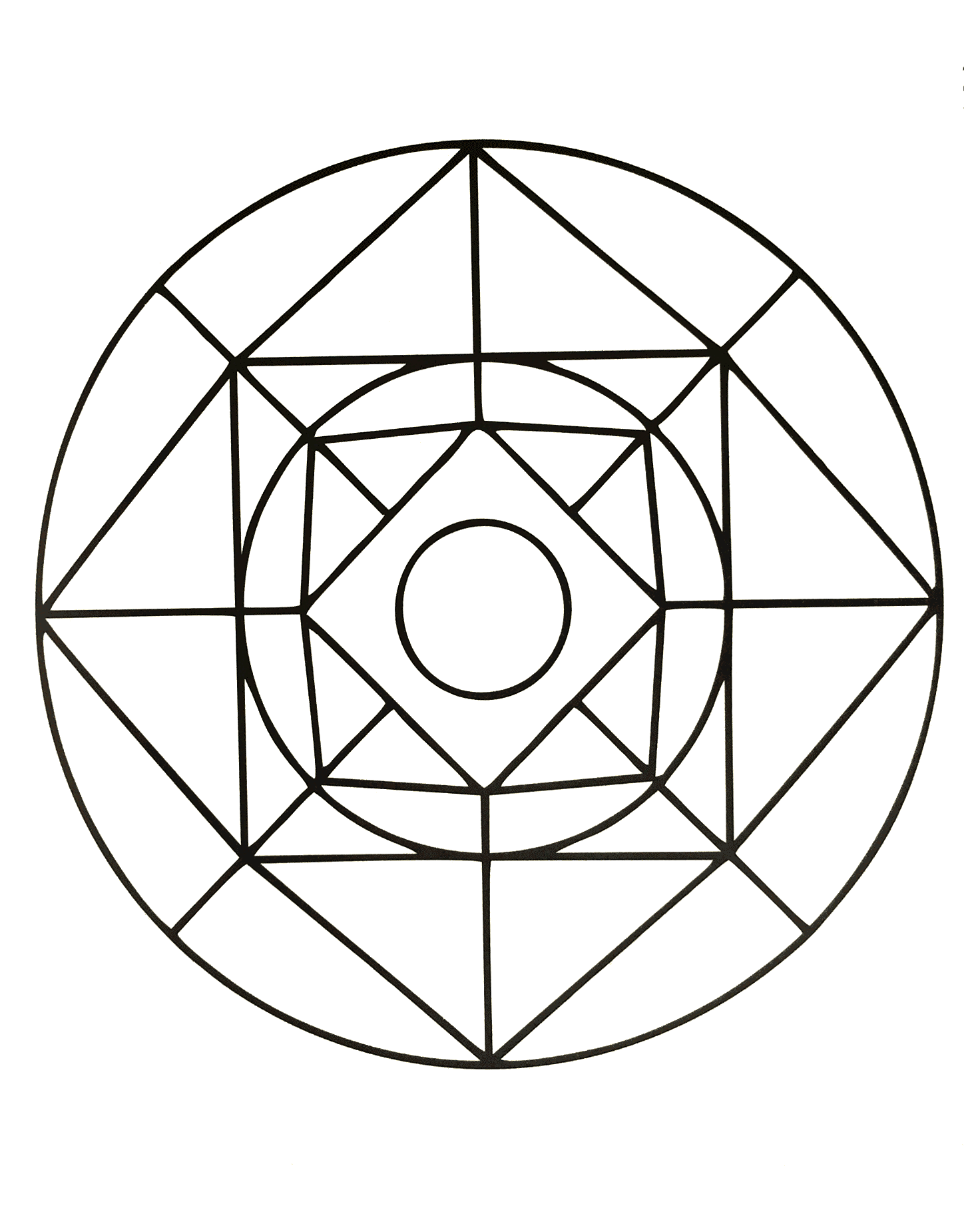 Uma bonita mandala geométrica com vários quadrados e um círculo no meio. É muito fácil de colorir.