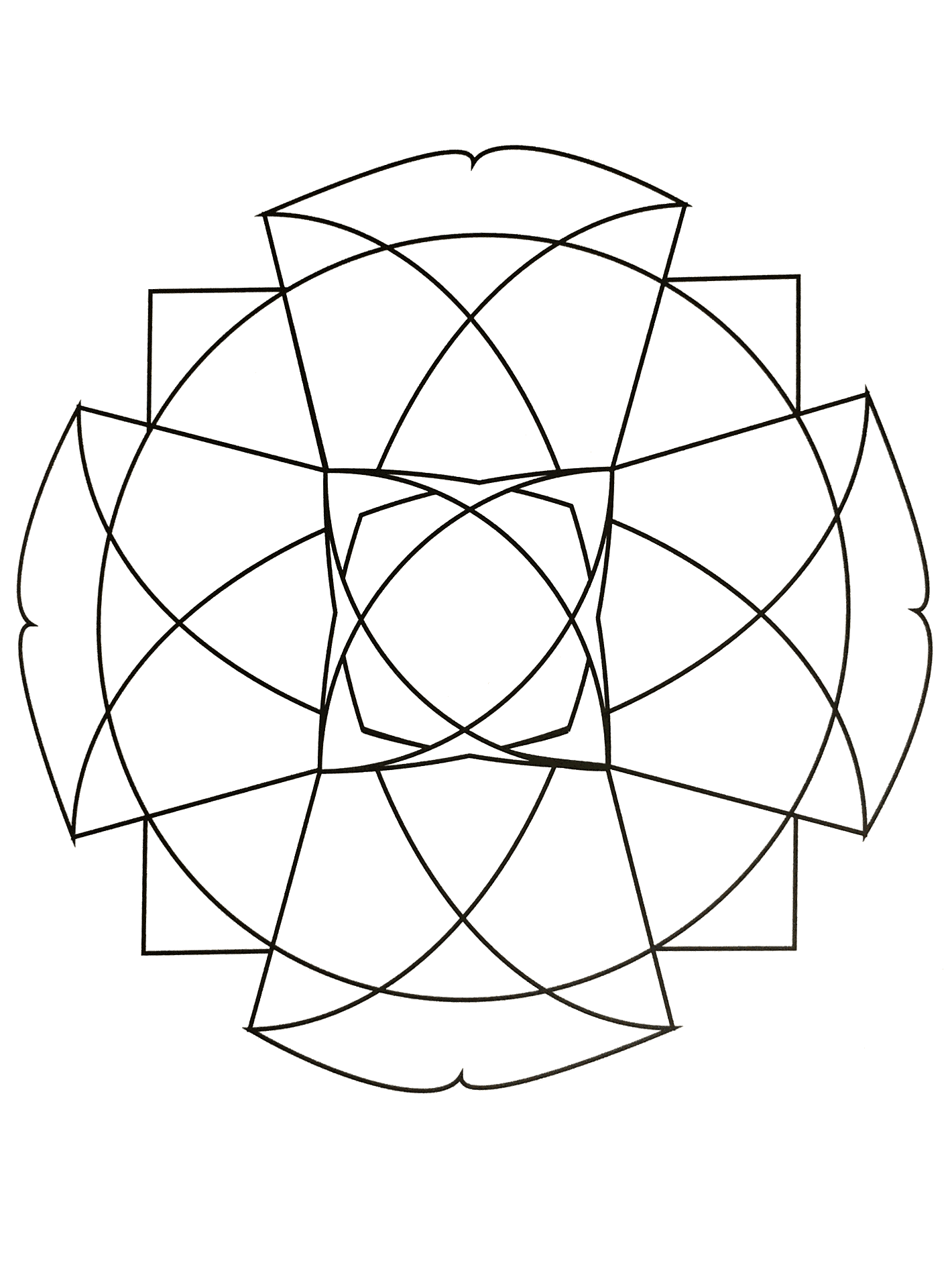 Mandala para imprimir representando uma grande cruz e outras formas geométricas (triângulo, losango...).
