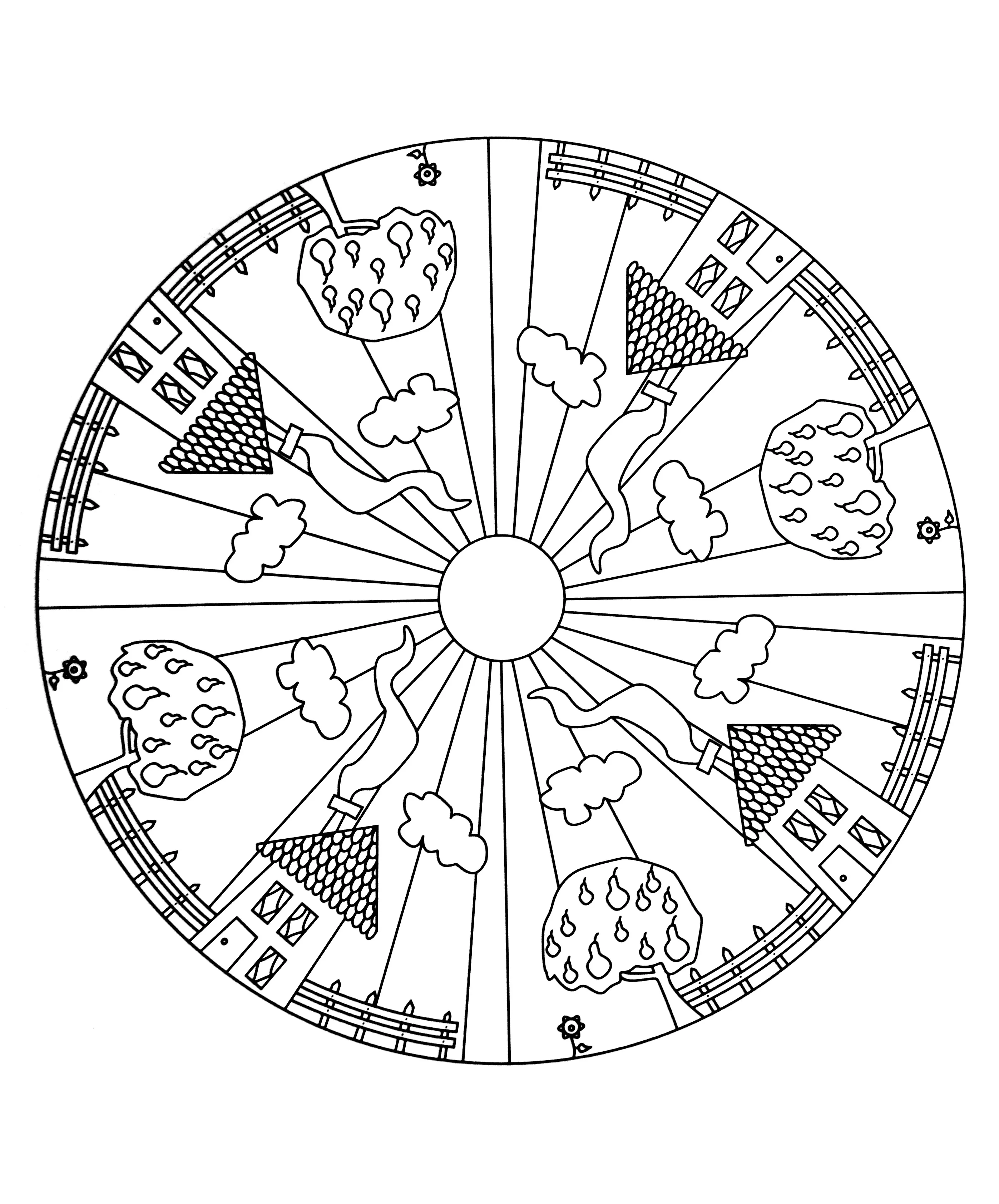 Mandala de casinhas e árvores (Mandalas de Nível de Dificuldade : Fácil (para crianças))