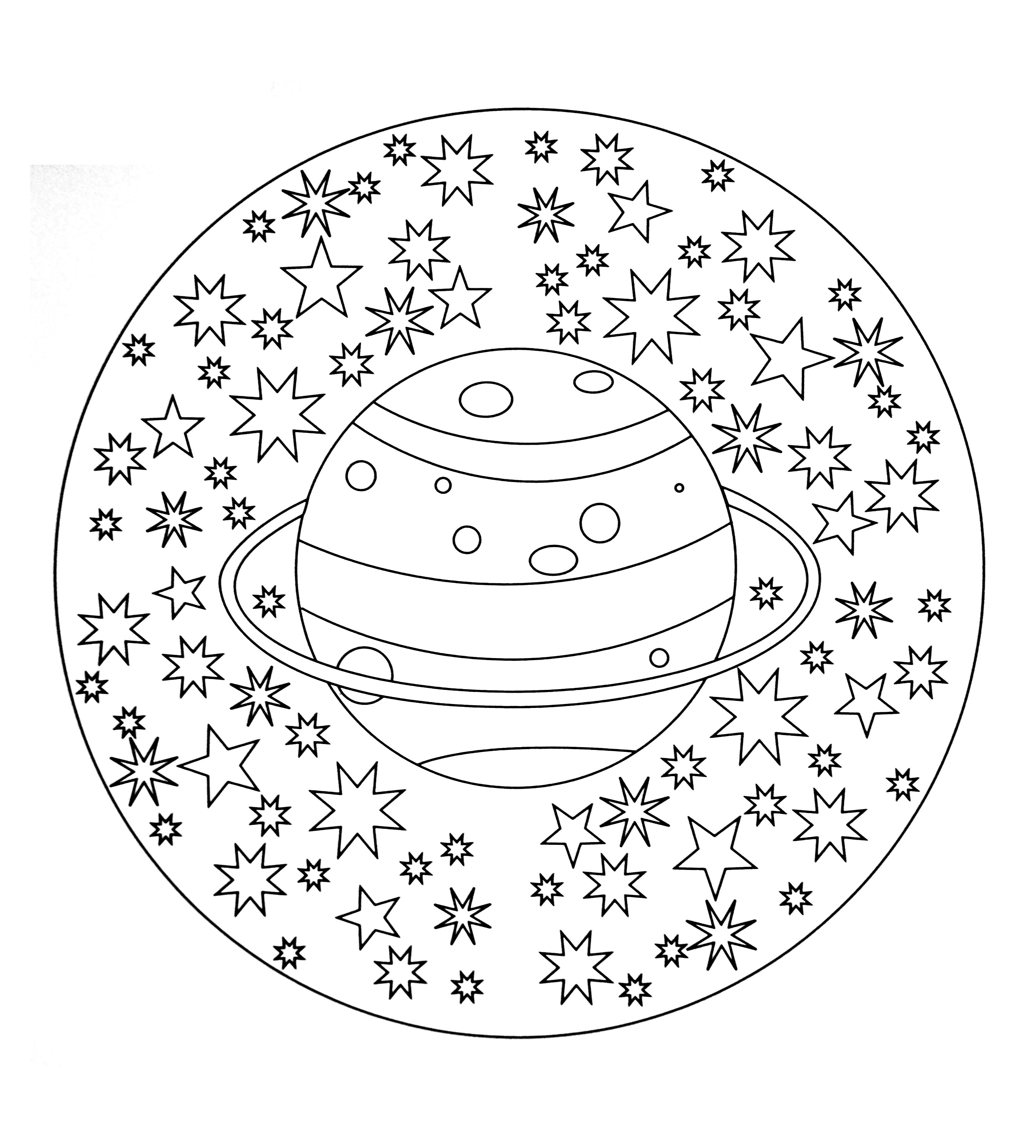 Magnífica mandala representando o planeta 'Saturno' com um bonito céu estrelado. Muito fácil de colorir.