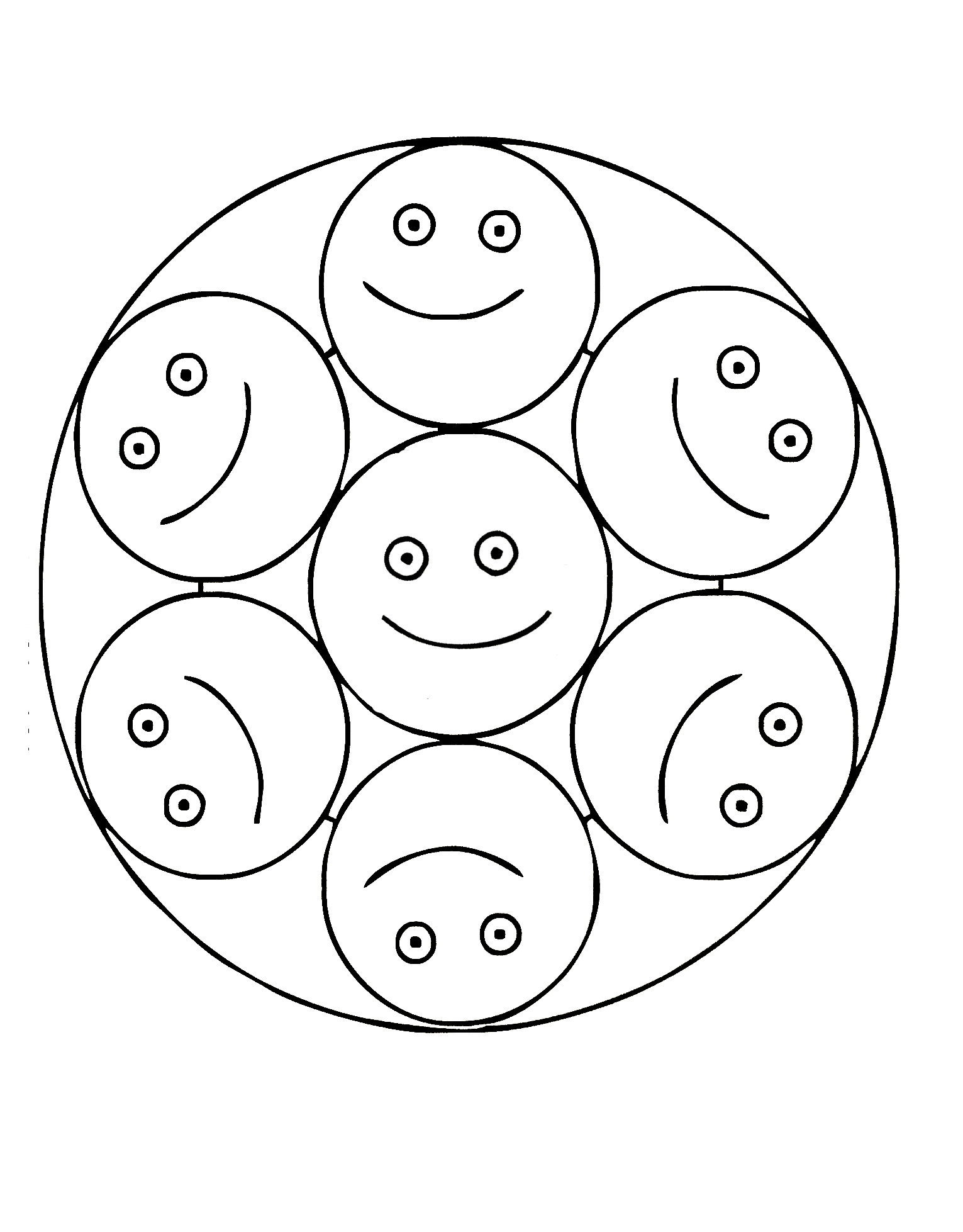 Mandala de carinhas sorridentes para descarregar. Muito fácil de colorir e muito divertida.