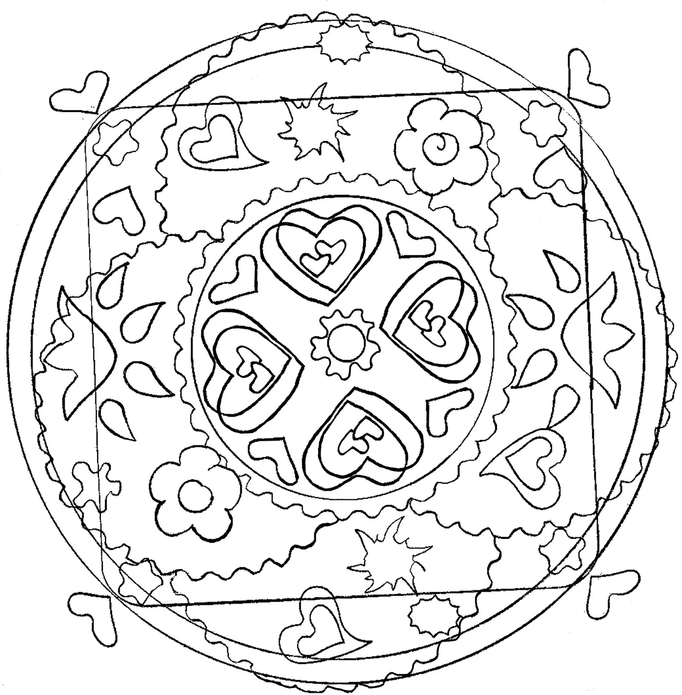 Mandala de corações (Mandalas de Nível de Dificuldade : Fácil (para crianças))