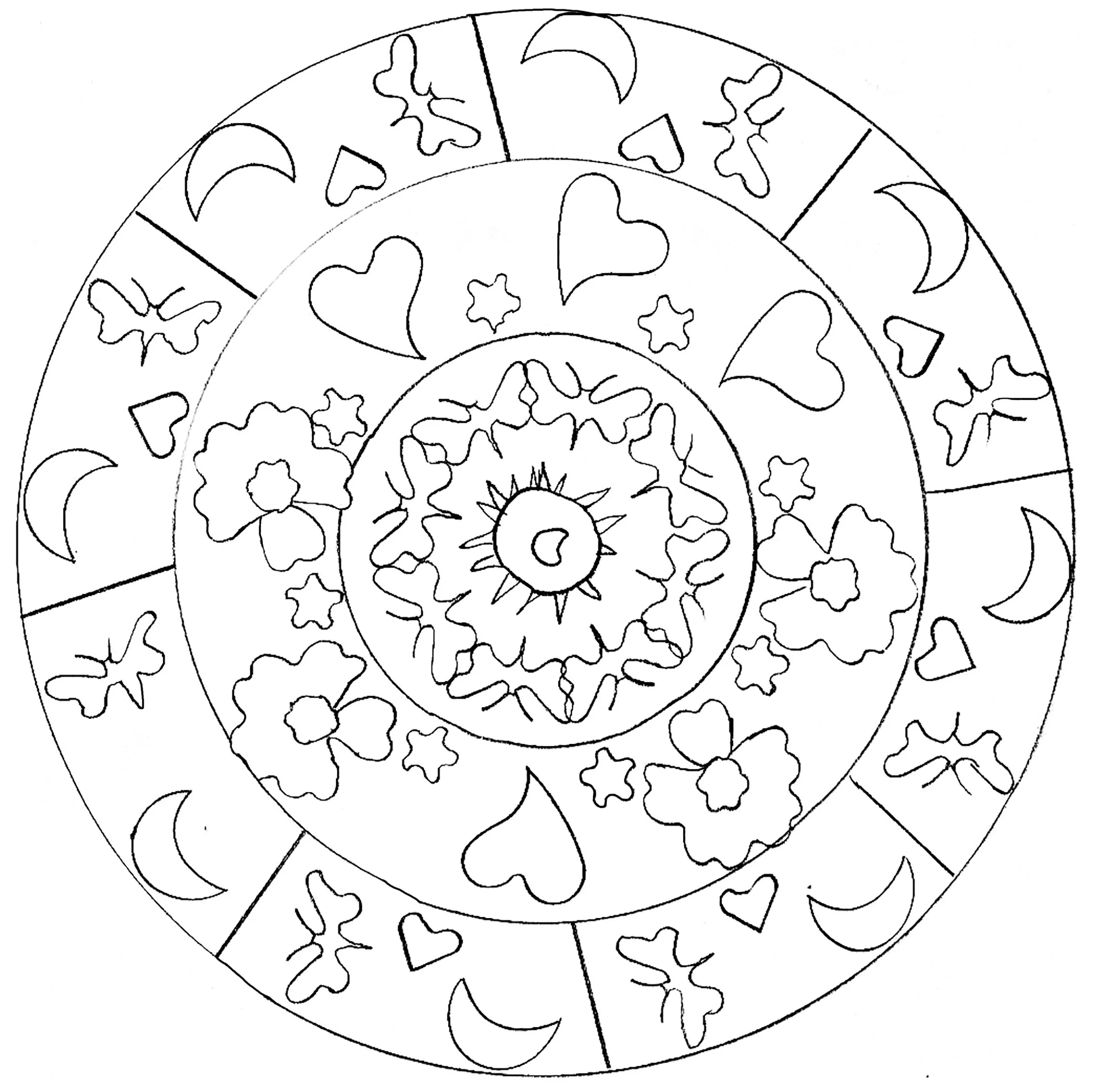 Mandala muito simples com corações e luas (Mandalas de Nível de Dificuldade : Fácil (para crianças))