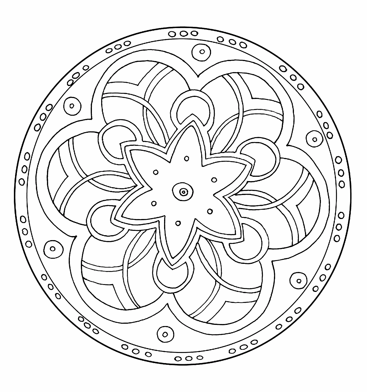 Mandala para colorir com espirais e uma bonita estrela no meio.