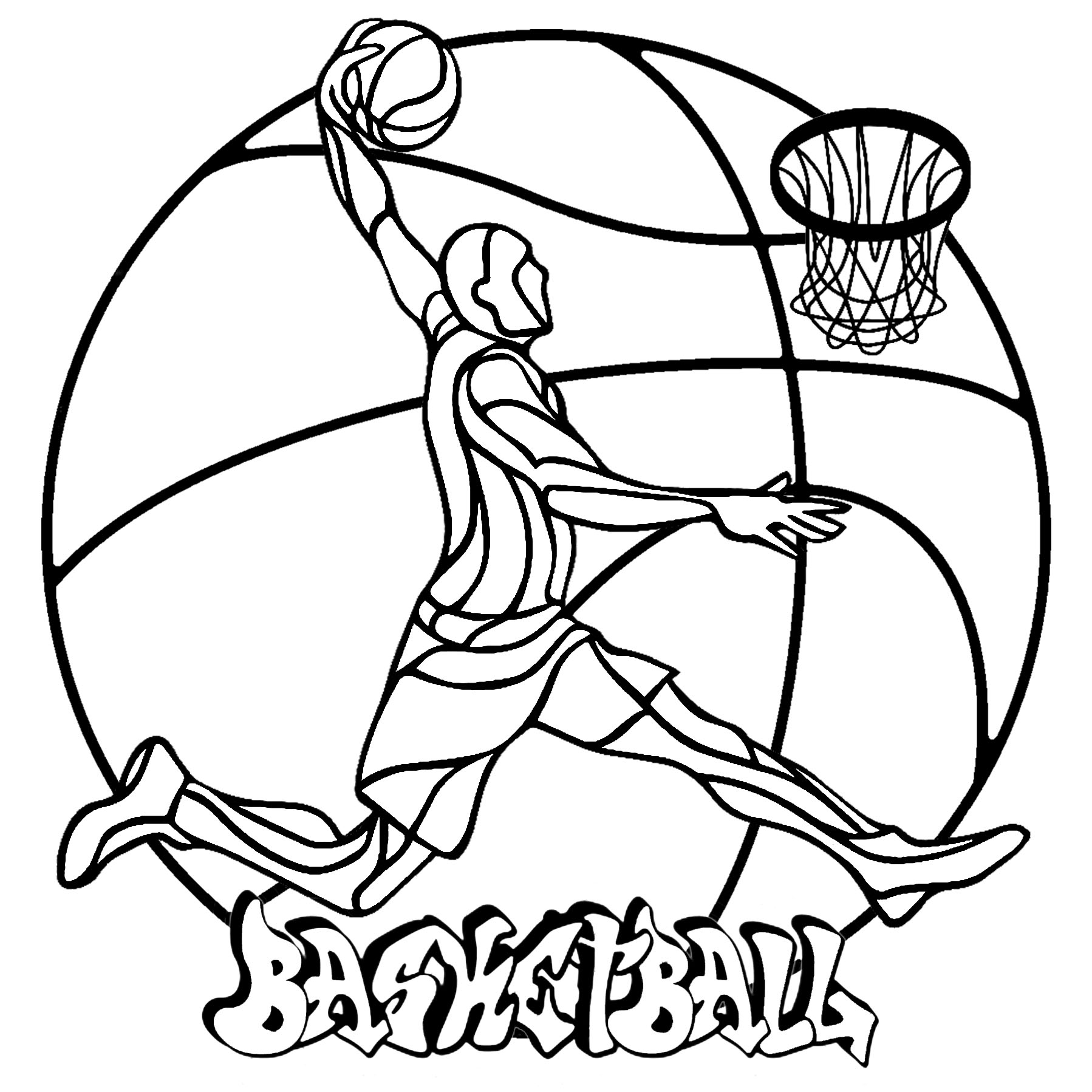 Uma Mandala simples sobre o tema do Basquetebol, com um jogador de basquetebol, uma bola, um cesto e uma etiqueta 'Basquetebol', Artista : Art'Isabelle