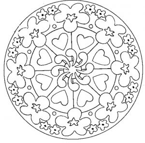 Mandala de flores e corações (Mandalas de Nível de Dificuldade : Fácil (para crianças))