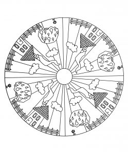 Mandala de casinhas e árvores (Mandalas de Nível de Dificuldade : Fácil (para crianças))