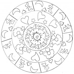 Mandala muito simples com corações e luas (Mandalas de Nível de Dificuldade : Fácil (para crianças))