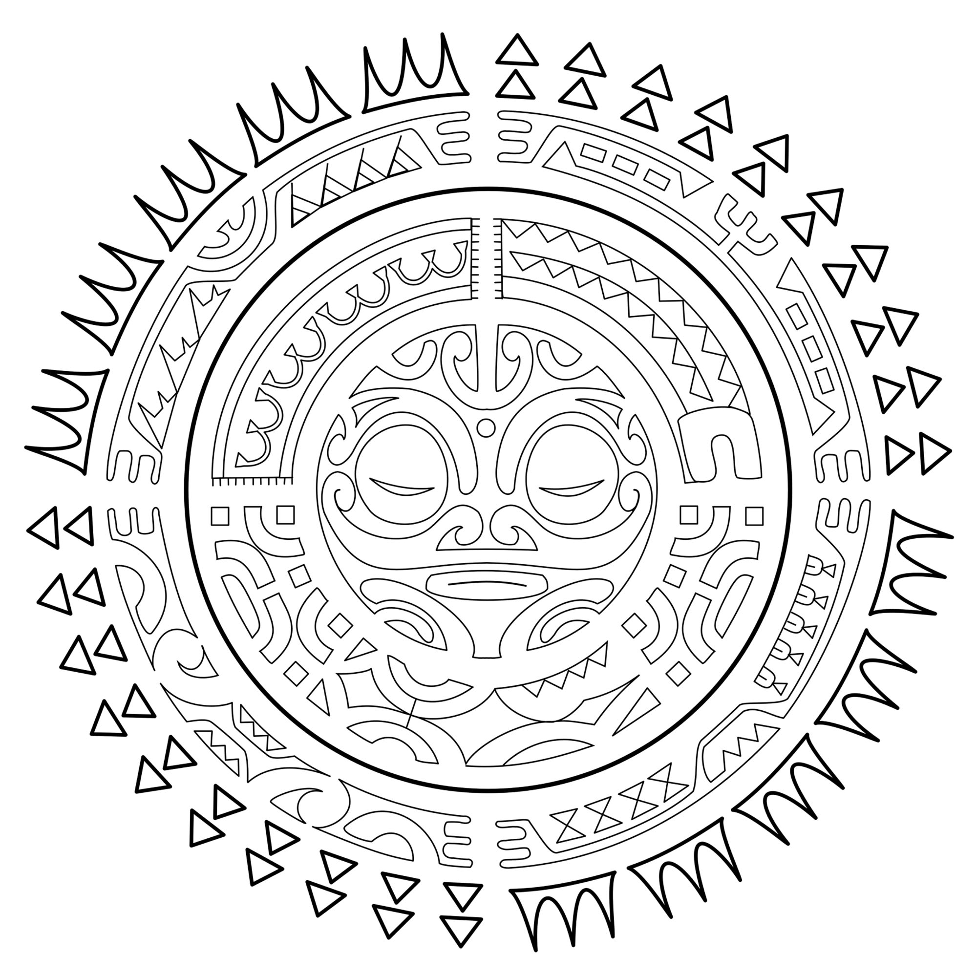 Tatuagem polinésia : O sol. Coloração do livro Polynesian Tattoos: 42 Modern Tribal Designs to Colour and Explore do artista italiano Roberto 'Gi. Erre' Gemori.Saiba mais aqui: www.shambhala.com/polynesian-tattoos.html Site do artista: Tattootribes.com, Artista : Roberto “Gi. Erre” Gemori