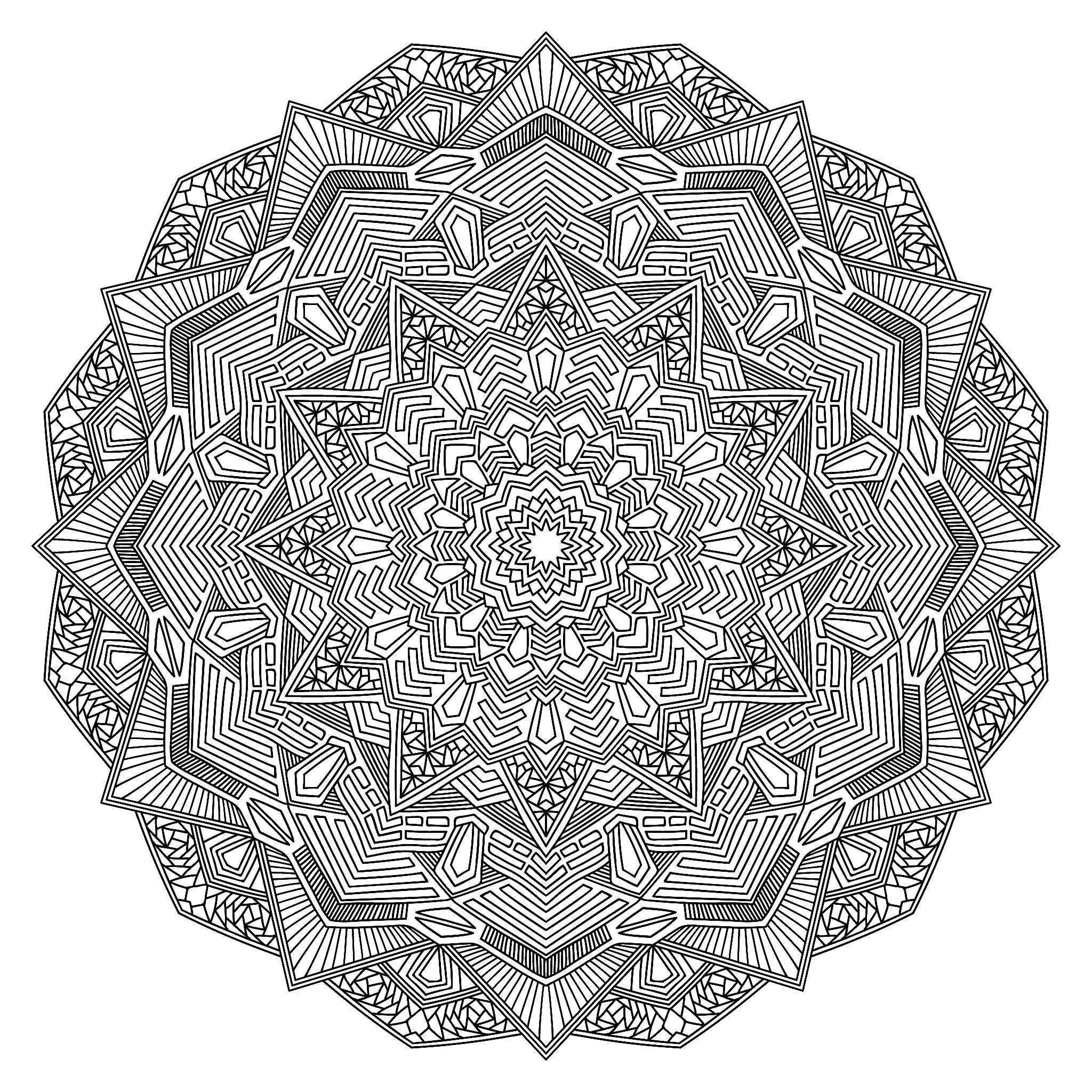 Esta Mandala angular é um verdadeiro desafio! Será capaz de a colorir toda sem a ultrapassar? A escolha das cores é pessoal e deve ser feita de acordo com a vibração do momento.