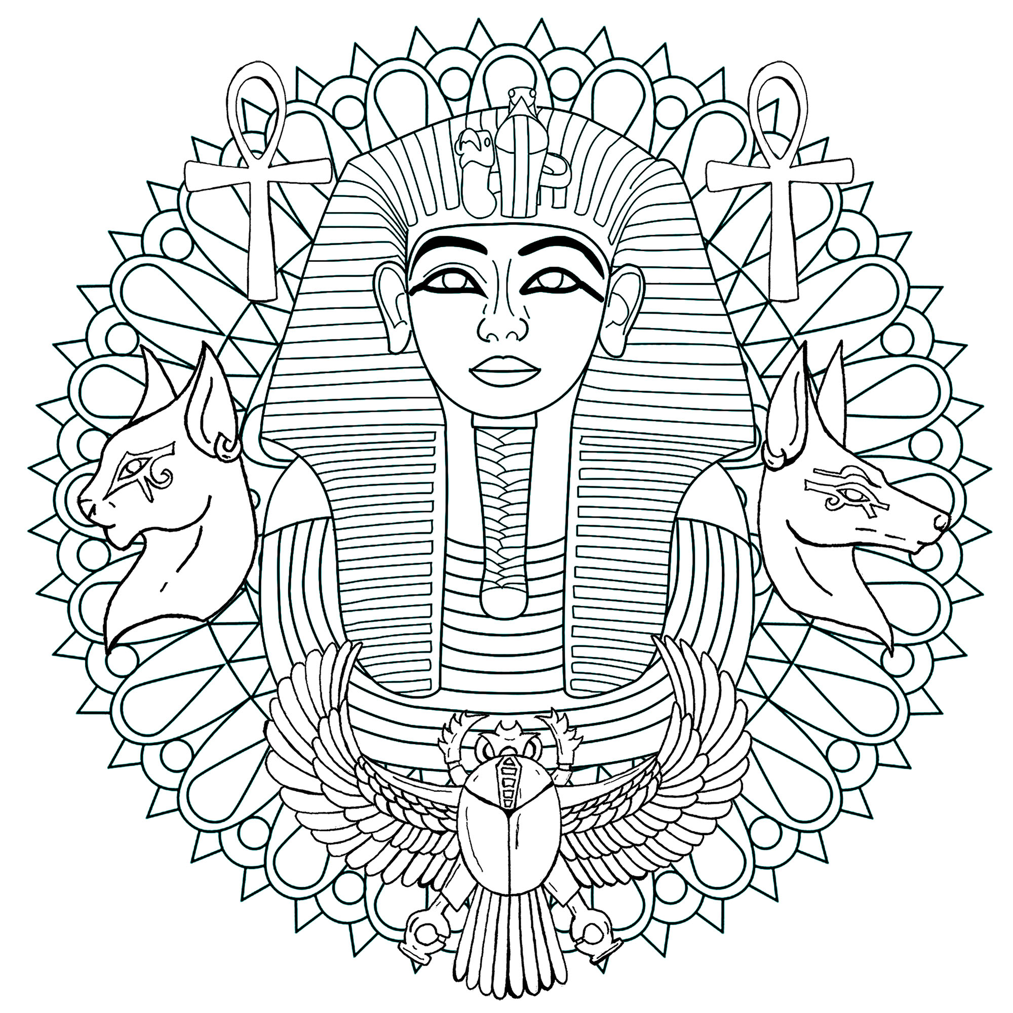 Tutankhamon foi o décimo primeiro faraó da XVIII dinastia. Aqui está uma Mandala com a sua famosa máscara funerária no centro. Versão 1