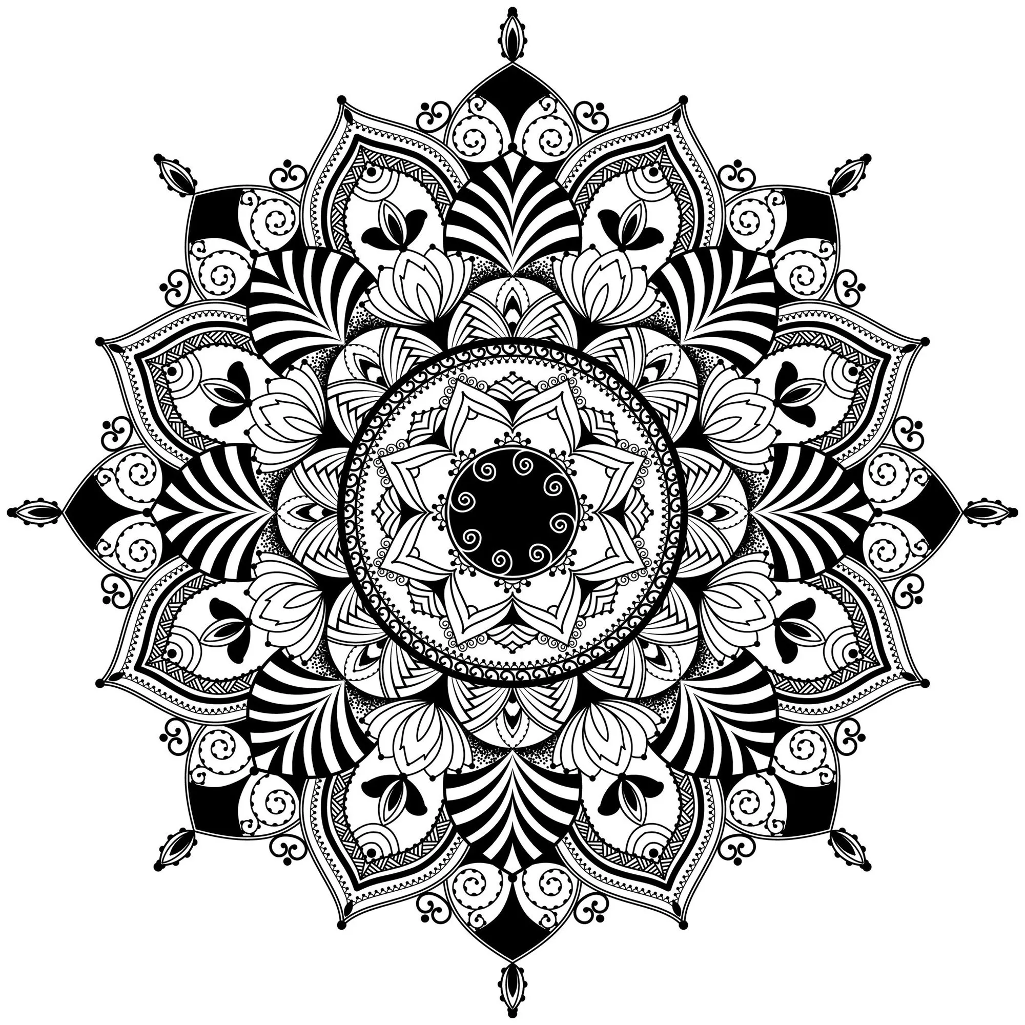 Elementos de mandala a preto e branco (Mandalas de Nível de Dificuldade : Normal)