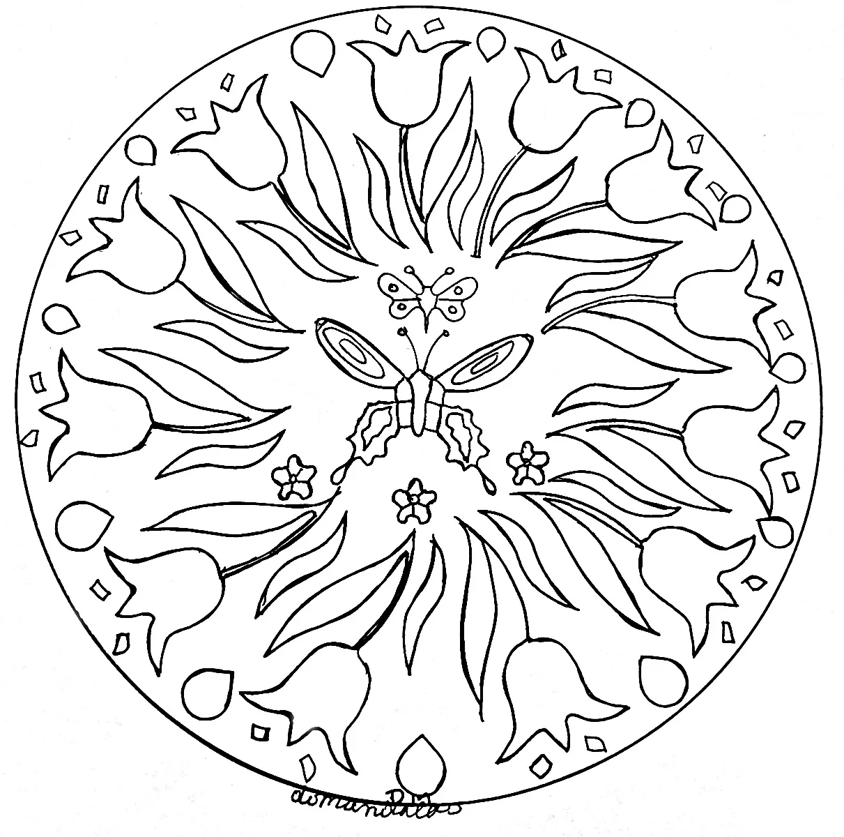 Mandala de borboletas e flores (Mandalas de Nível de Dificuldade : Normal)