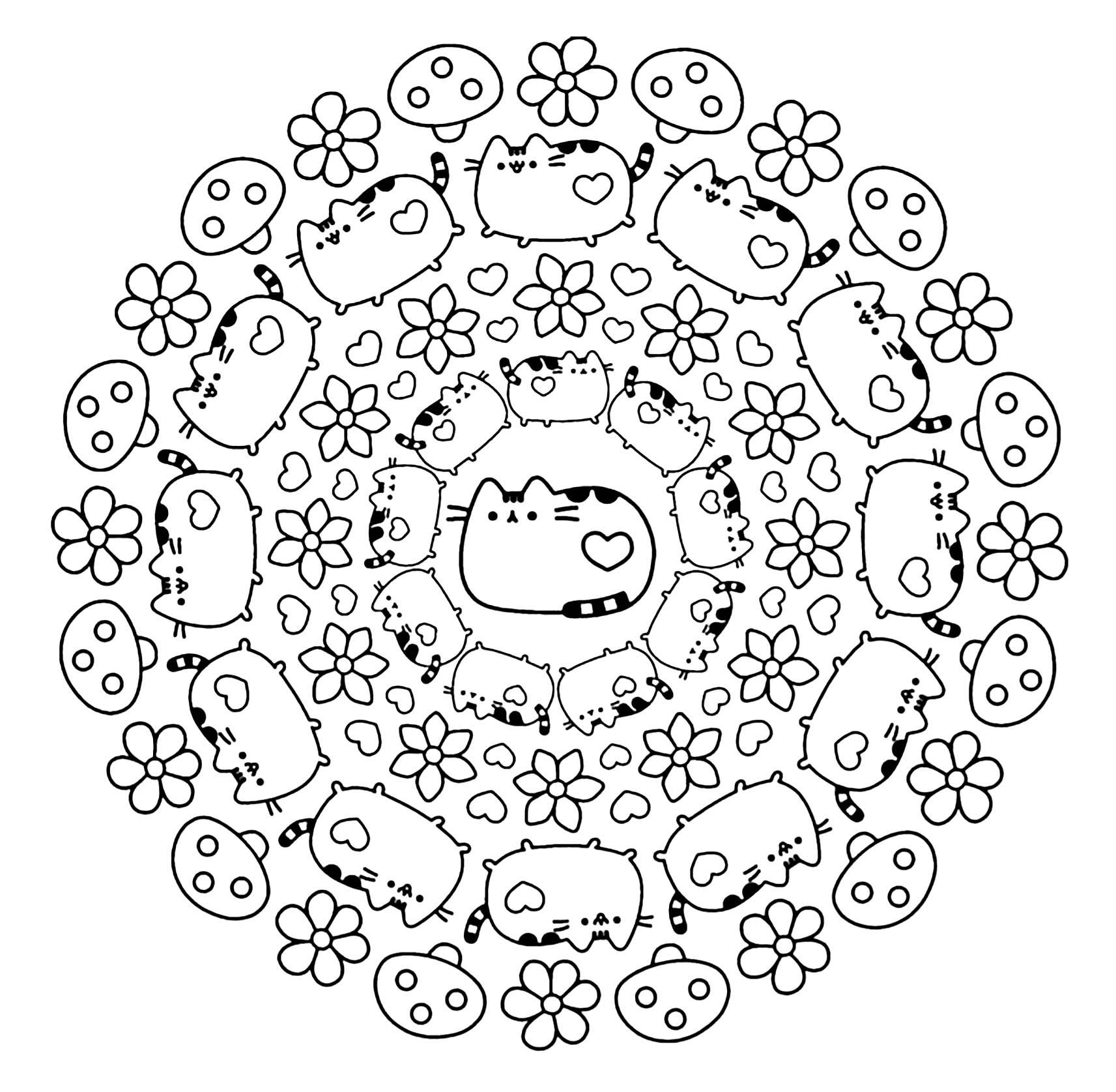 Uma Mandala 'Pusheen' de dificuldade 'normal', adequada para crianças e adultos que pretendem colorir sem ser demasiado simples nem demasiado difícil.