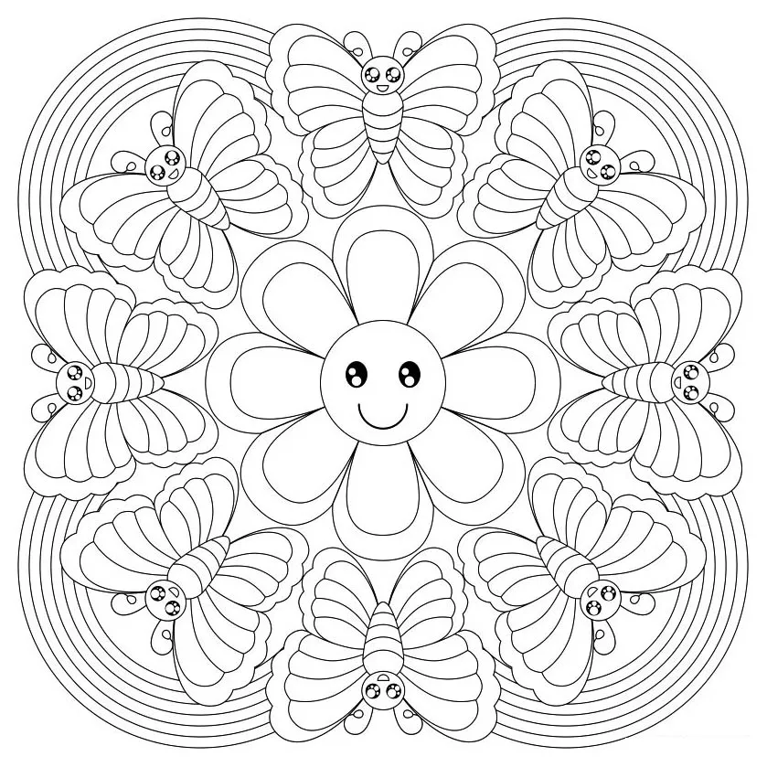 Mandala-coloração gratuita-borboletas-e-florzinhas (Mandalas de Nível de Dificuldade : Normal)