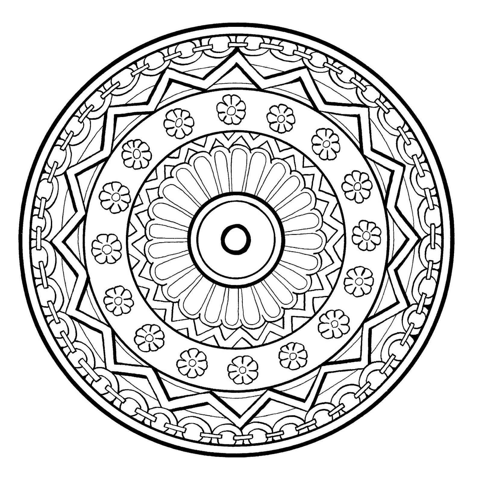 Mandala soberba com espiral, bastante florida com diferentes elementos como flores, formas geométricas ou correntes à volta. Nível bastante normal.
