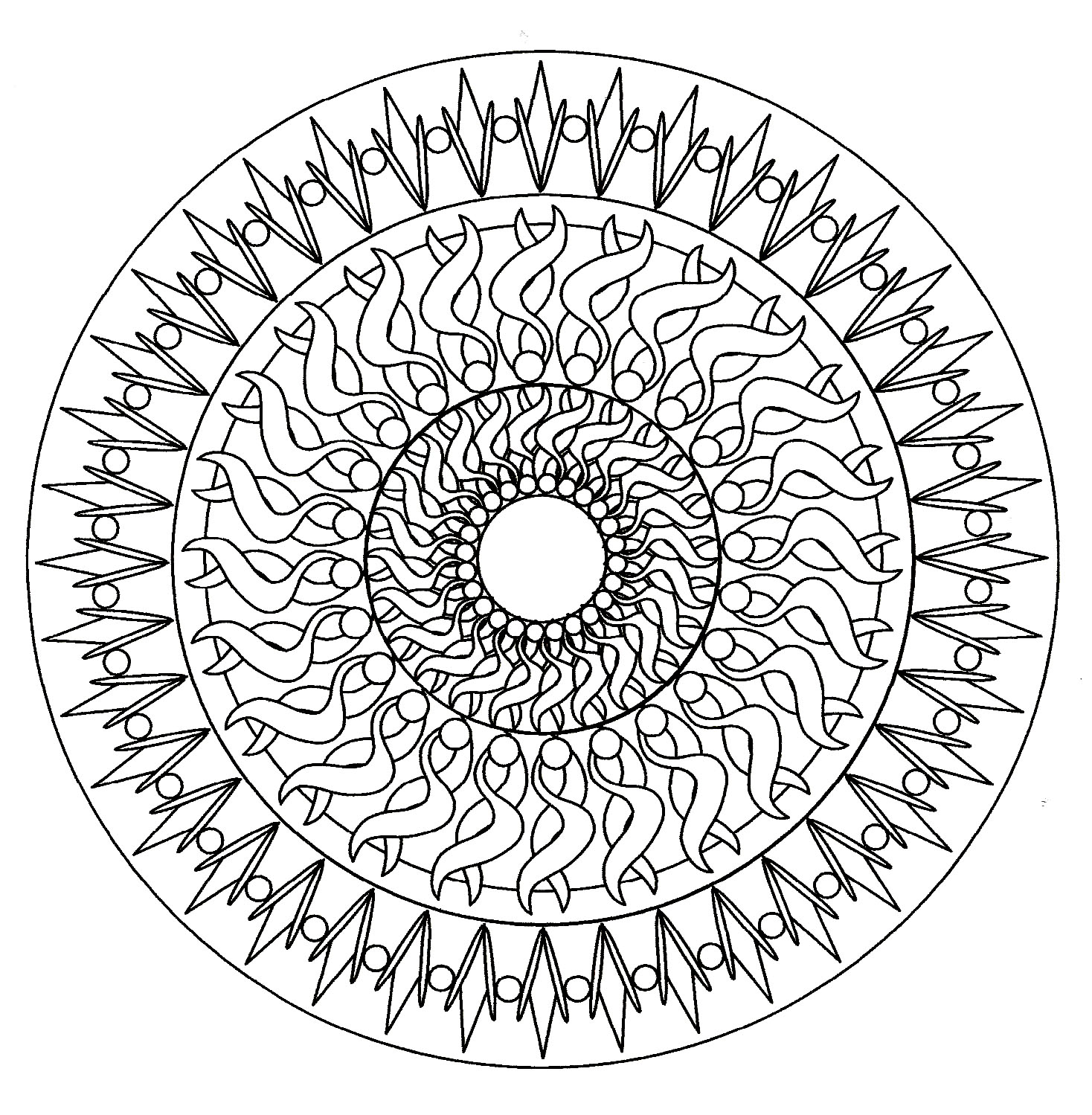Uma Mandala hipnótica de dificuldade 'normal', adequada para crianças e adultos que pretendem colorir sem serem demasiado simples nem demasiado difíceis.