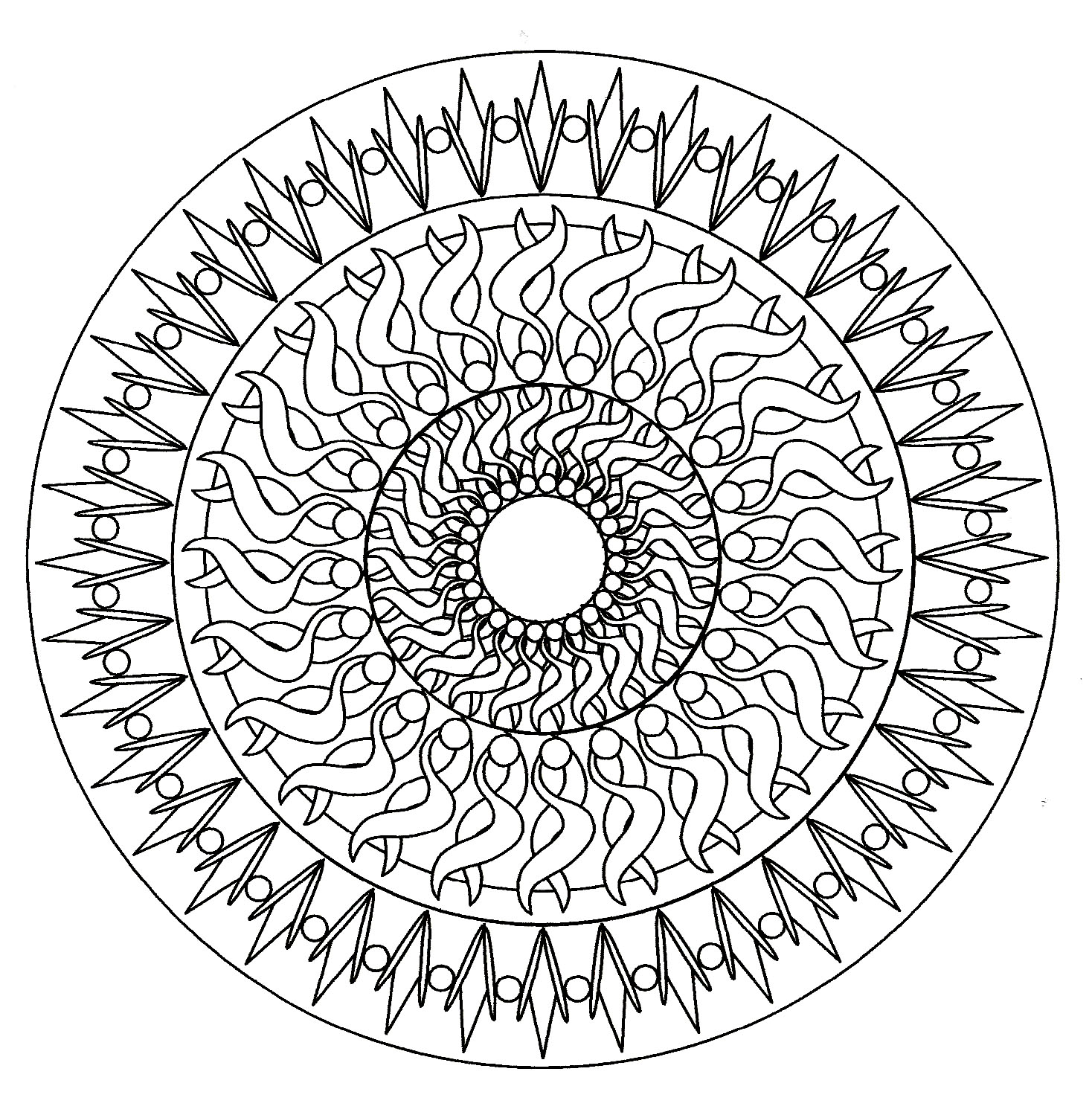 Uma Mandala hipnótica de dificuldade 'normal', adequada para crianças e adultos que pretendem colorir sem serem demasiado simples nem demasiado difíceis. Uma Mandala hipnótica de dificuldade 'normal', adequada para crianças e adultos que pretendem colorir sem serem demasiado simples nem demasiado difíceis.