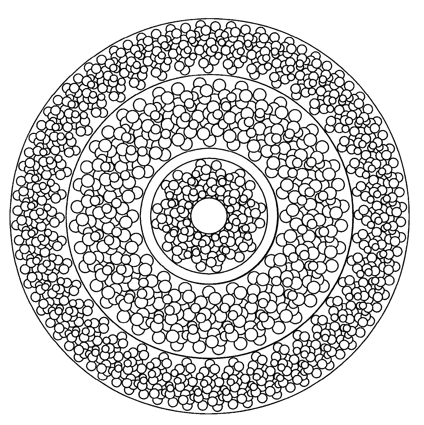 Uma Mandala composta por pequenas áreas circulares fora do comum, para que se possa divertir a colorir sem o incómodo de colorir em áreas minúsculas.