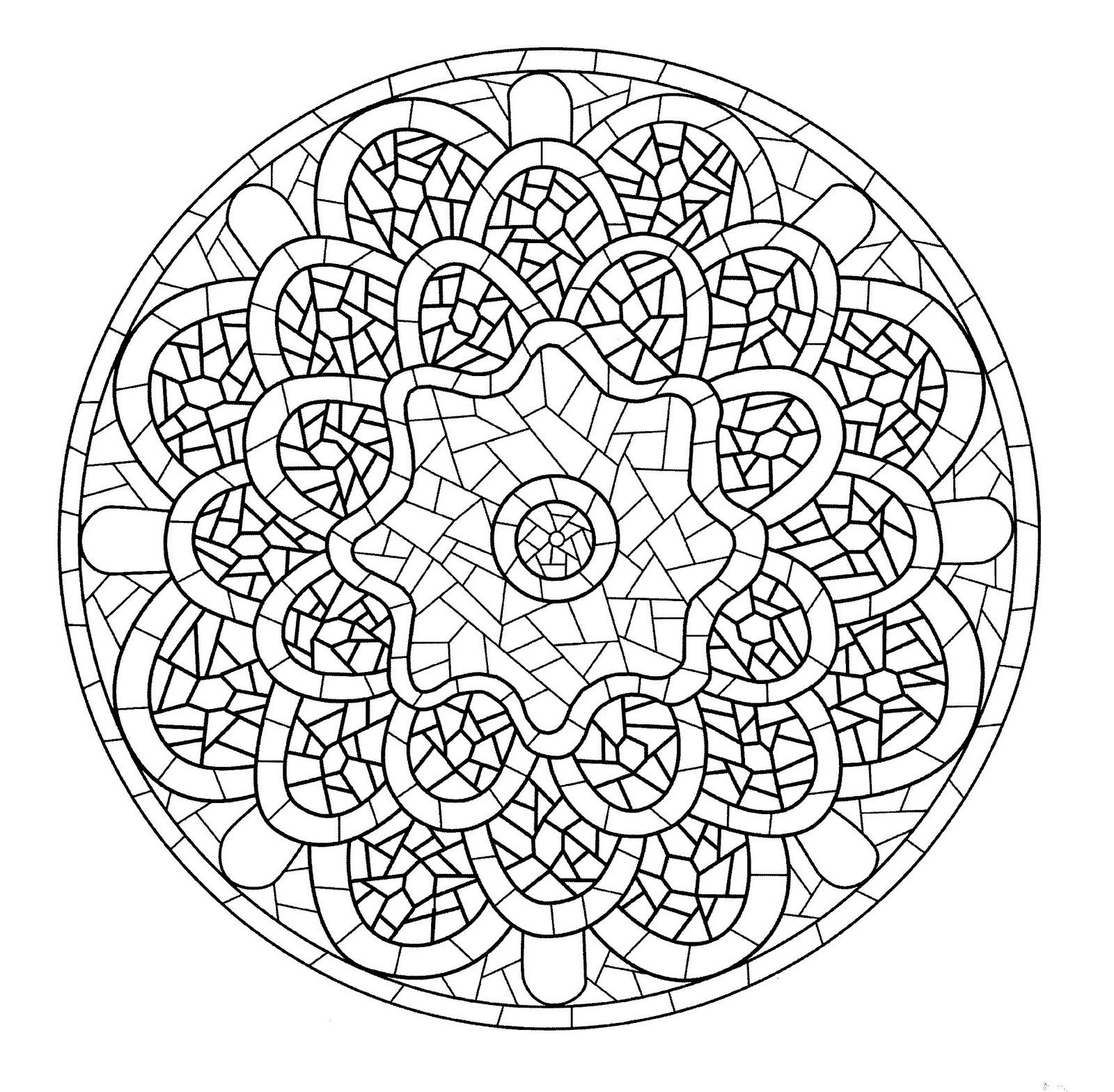 Mandala para descarregar em estilo 'mosaico' com uma bela flor no centro. O nível desta mandala é normal.