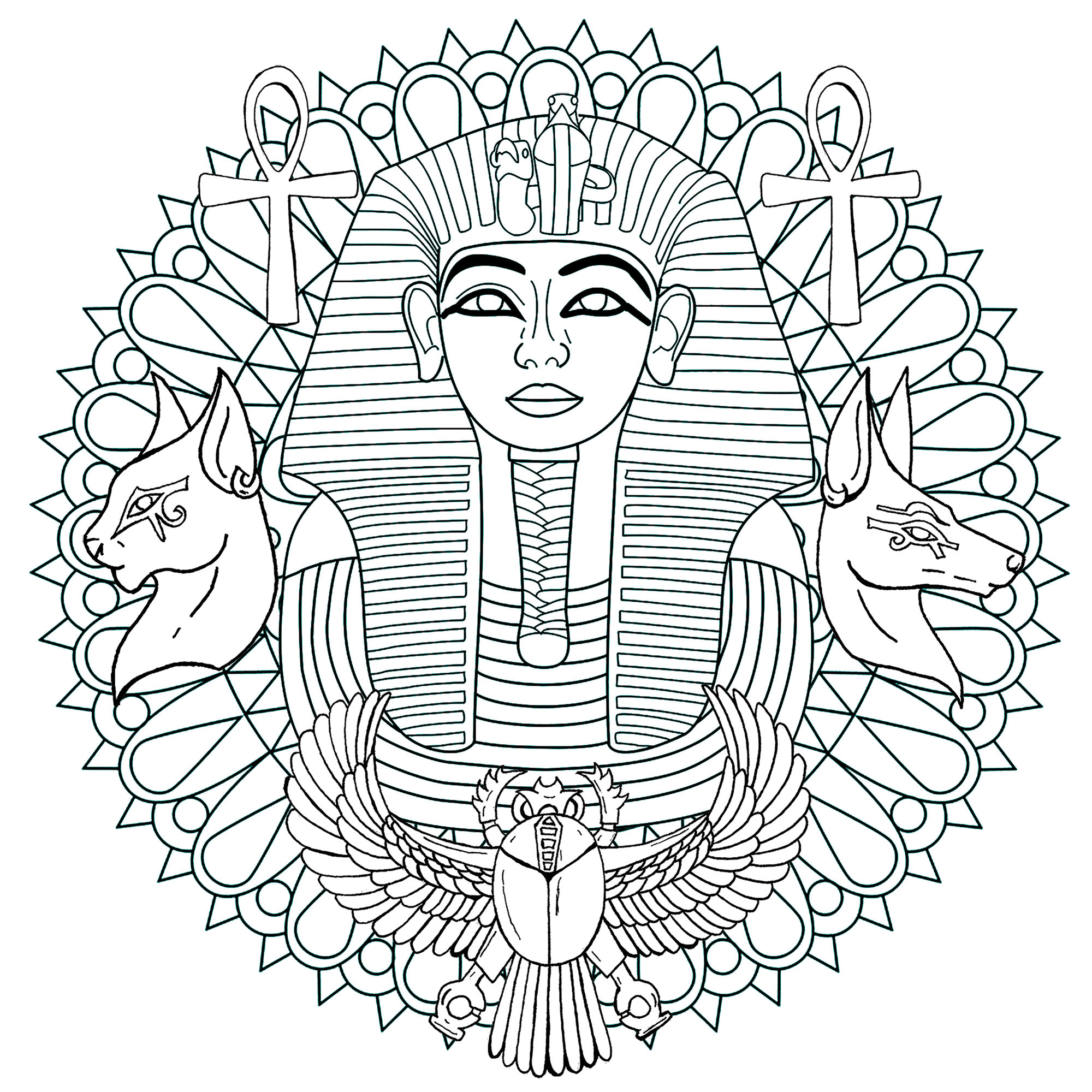 A máscara de Tutankhamon é tanto um ícone como um mistério. Aqui está uma Mandala com ela e vários símbolos egípcios. Versão 1 A máscara de Tutankhamon é tanto um ícone como um mistério. Aqui está uma Mandala com ela e vários símbolos egípcios. Versão 1