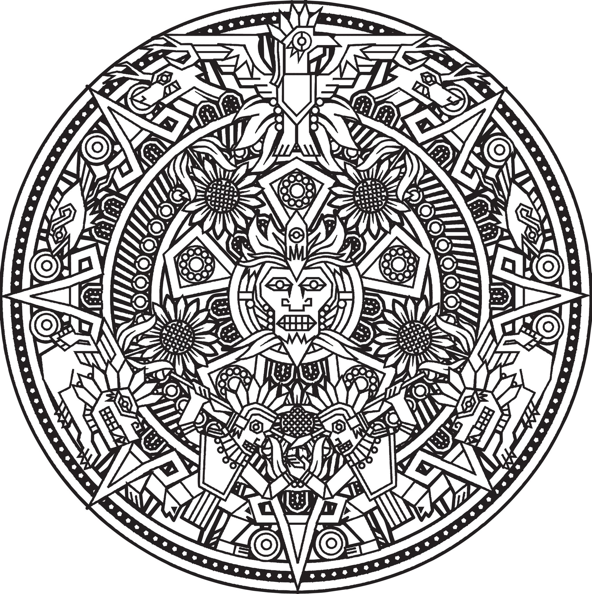 Mandala azteca. Cabe-lhe a si encontrar as cores mais bonitas para lhe dar vida.