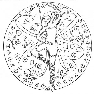 Uma bonita fada a dançar no meio de uma magnífica Mandala. Pegue nos seus melhores marcadores e lápis (Mandalas temáticas : Personagens)